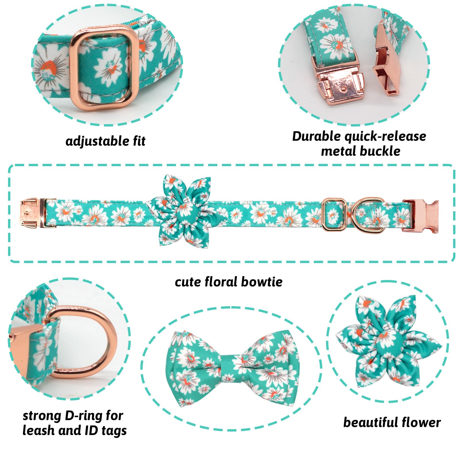 HSIGIO Dog Collar and Leash Set Girls Adjustable Puppy Collars with Floral Bow Tie for Small Medium Large Female Dogs, Light Gre