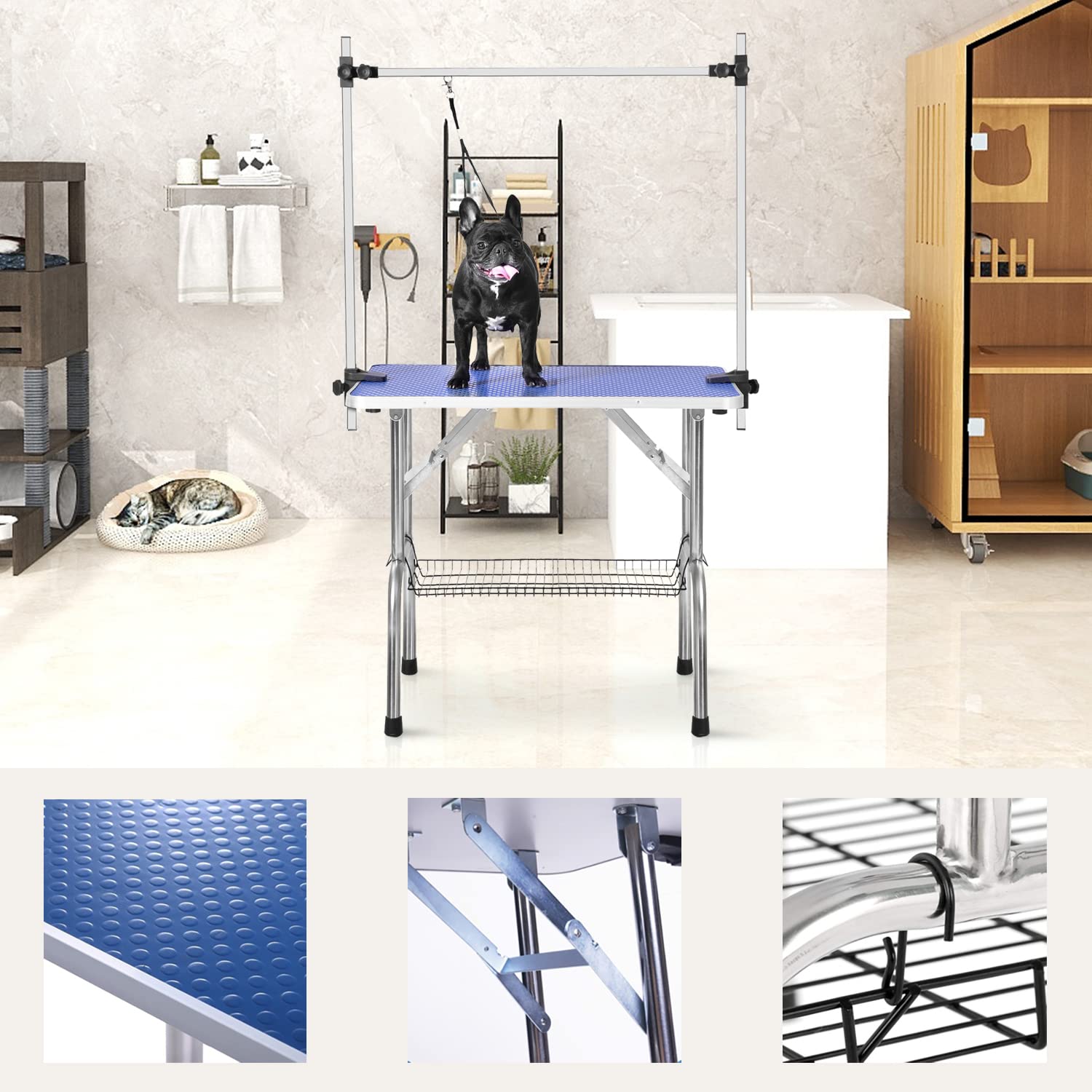 Soarflash Pet Dog Grooming Table Foldable,Heavy Duty Foldable Pet Grooming Table With Arm & Noose & Mesh Tray, Maximum Capacity Up To 330Lbs, 46Inch, Blue