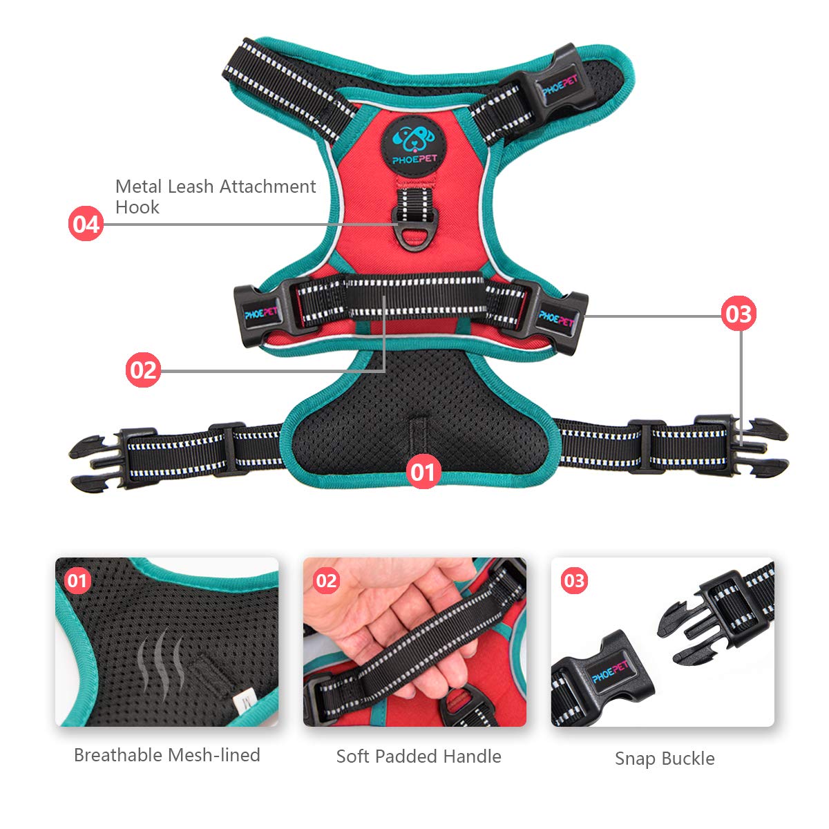 PHOEPET 2019 Upgraded No Pull Dog Harness,3M Reflective Adjustable Vest, with a Training Handle + 2 Metal Leash Hooks+ 3 Snap Bu