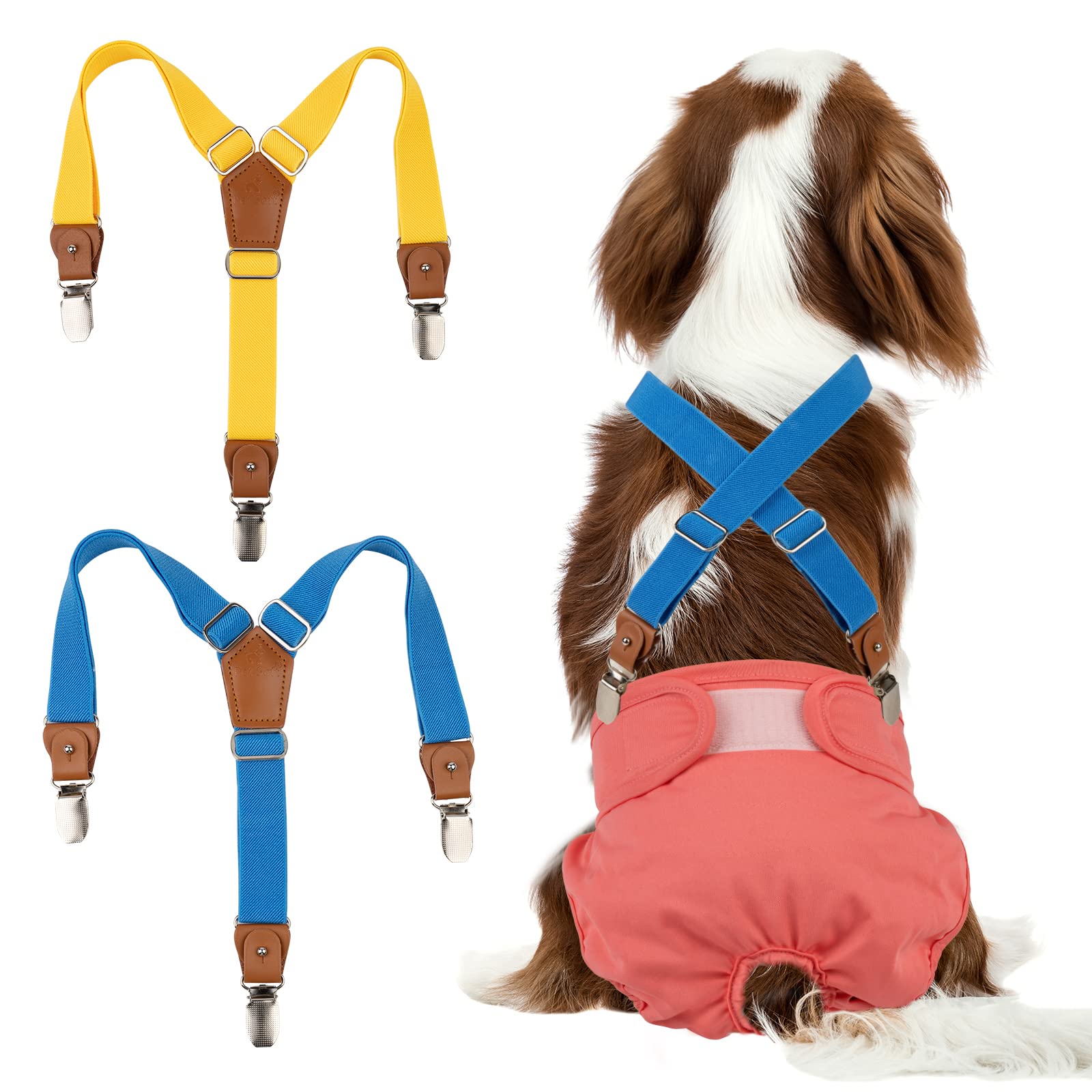 Pet Soft Dog Suspenders 2 Pieces Female Dog Diaper Suspenders For Dogs Diaper Keeper Suspender For Dog Skirt, Dog Dress(Gold & Blue, S/M)