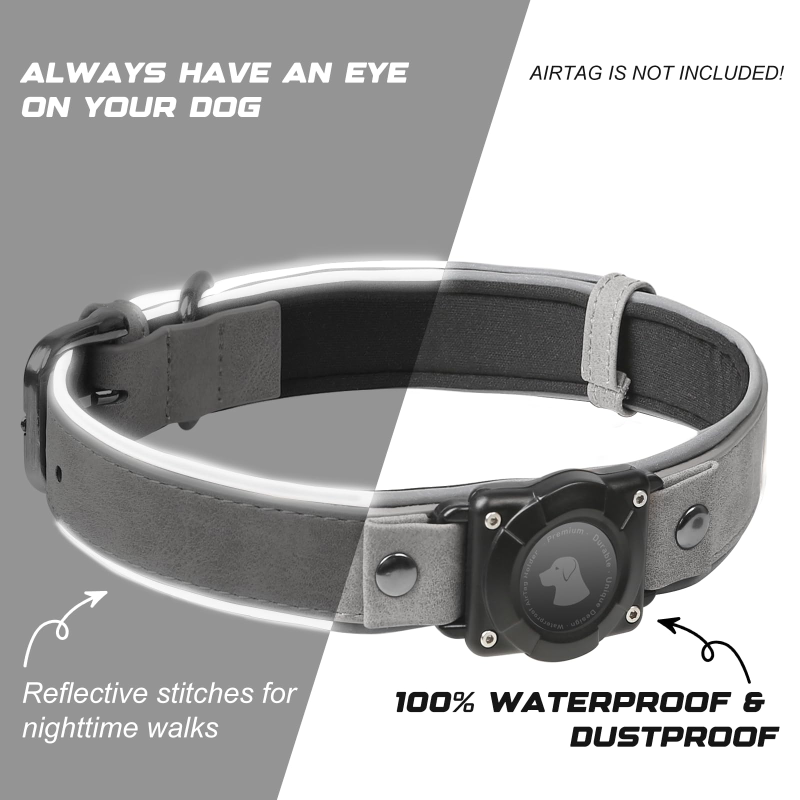 Airtag Dog Collar - Leather Dog Collar With Air Tag Holder | Ipx8 Waterproof, Reflective, High - End, Adjustable Soft Padded | D