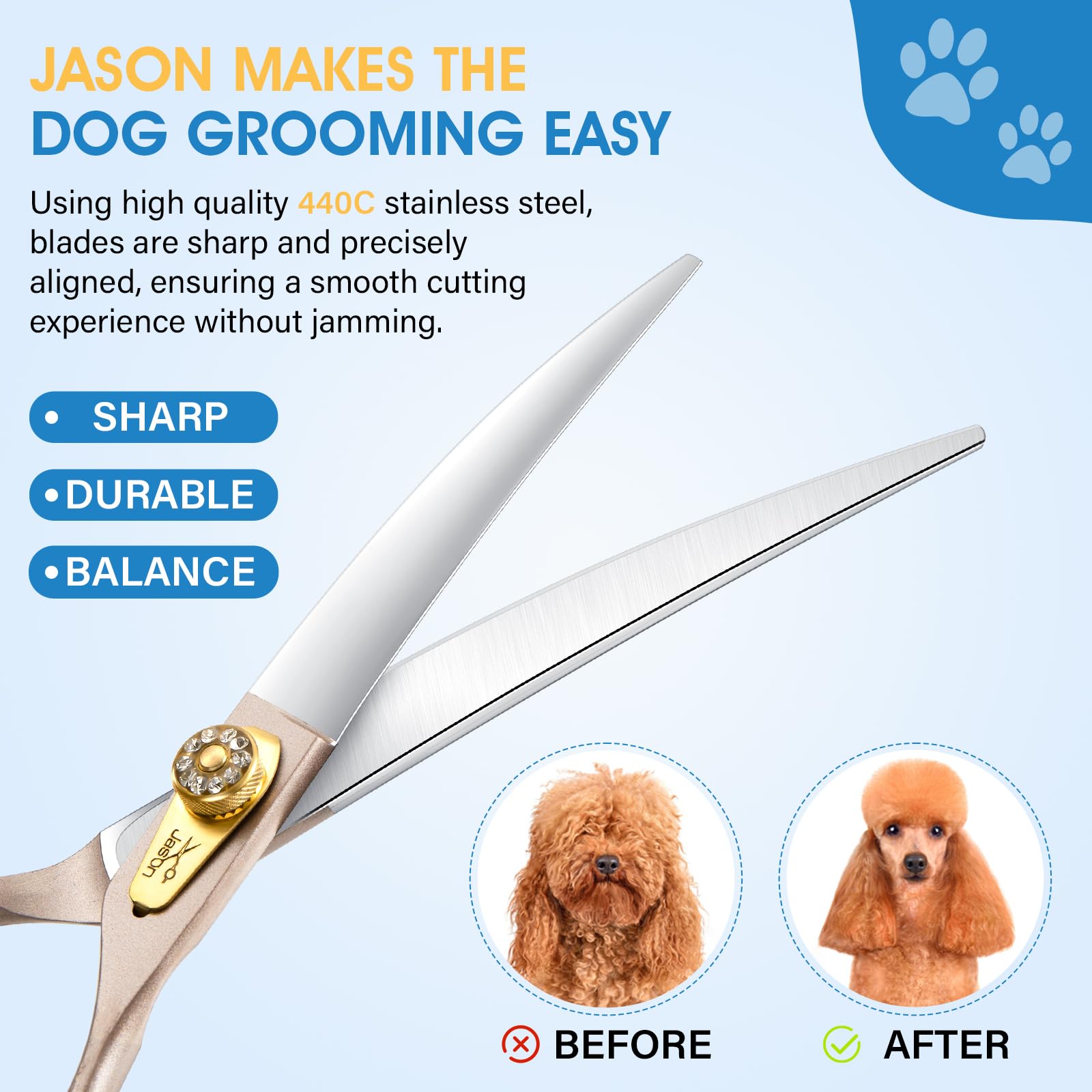 Jason Professional Dog Grooming Scissors - 7 Inch Curved Shear Japanese 440C Stainless Steel Dog Scissors With Diamond Screw, Ro
