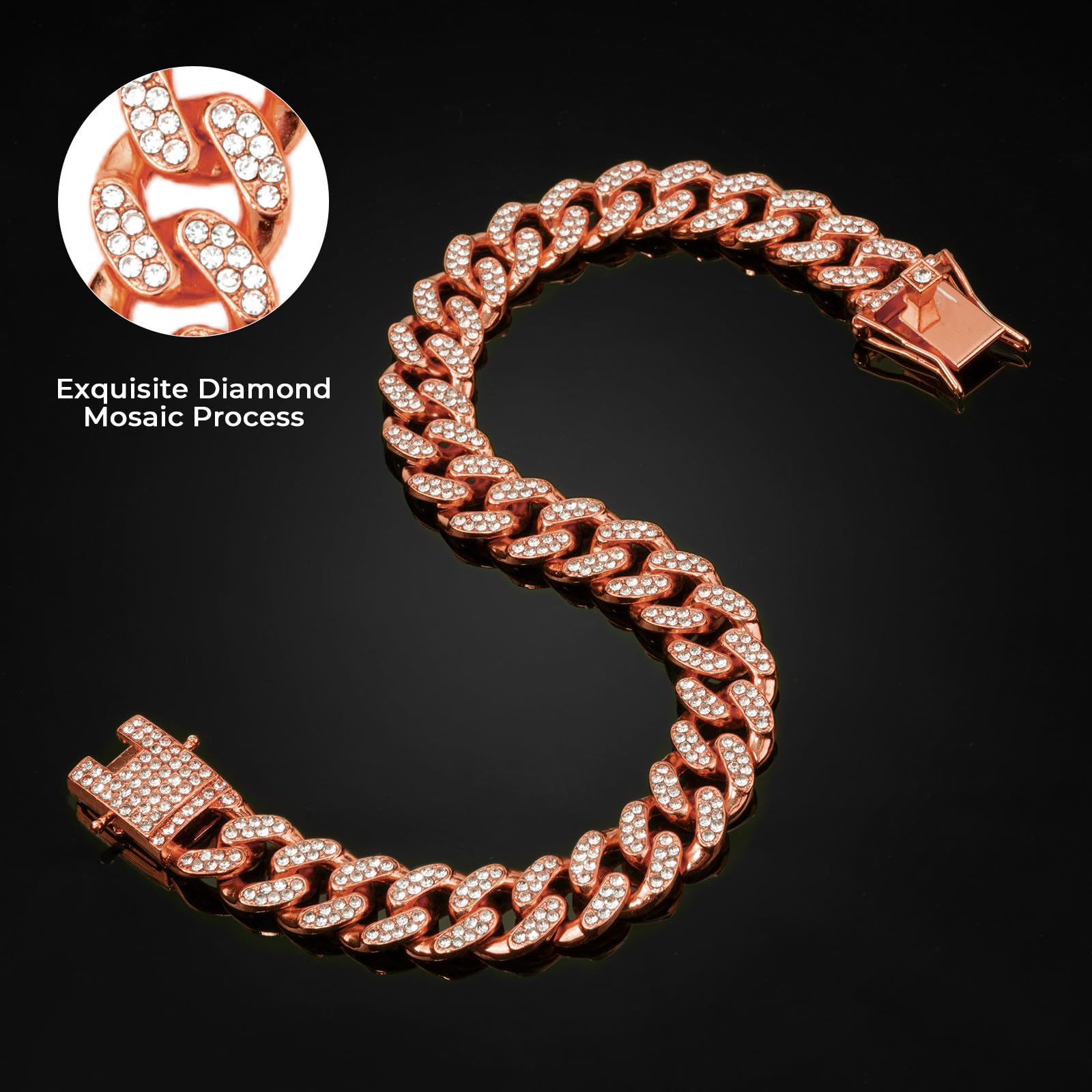 Rosegold Dog Chain Diamond Collar Walking Metal Chain Collar With Secure Buckle, Pet Cuban Style Collar Jewelry Accessories For