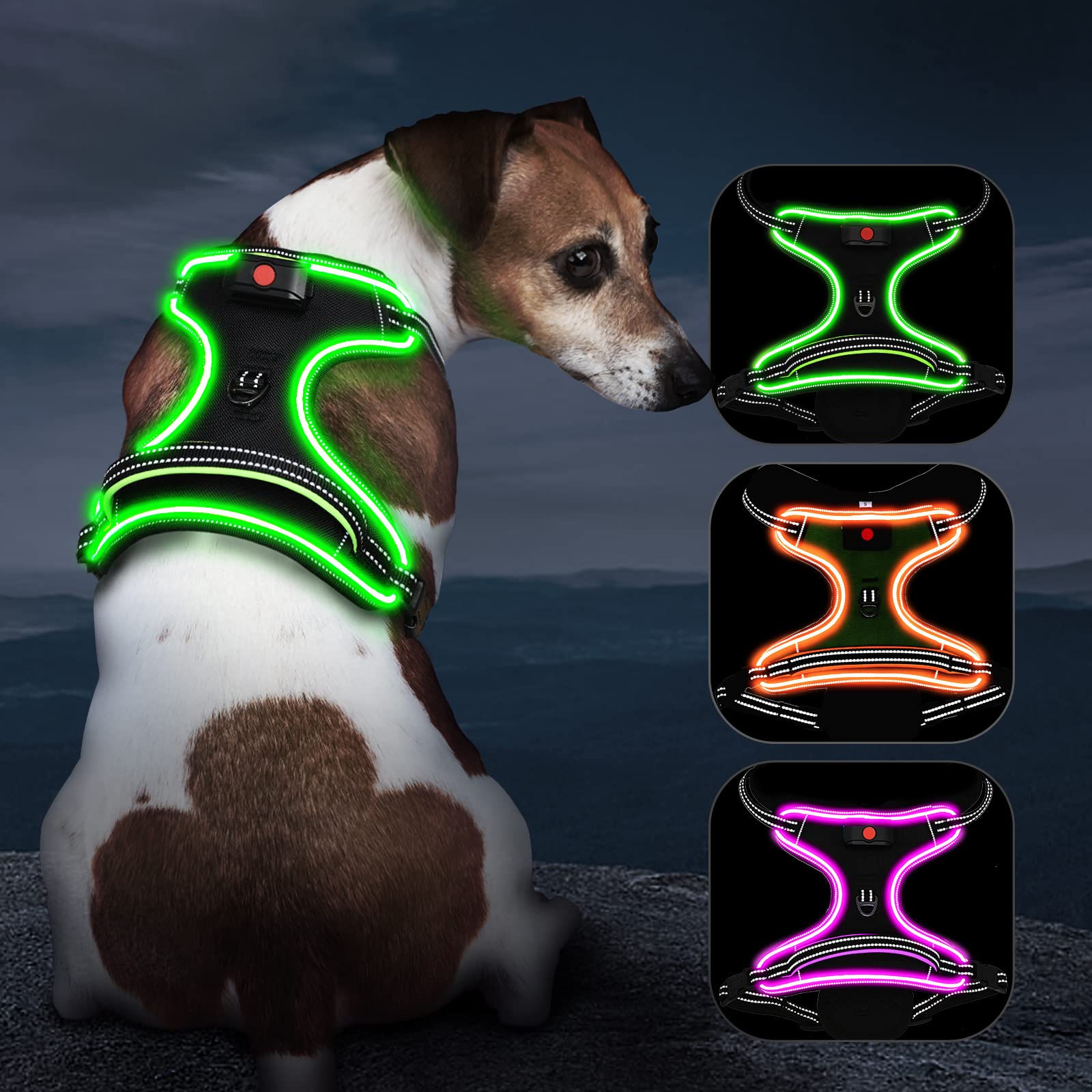 Light Up Dog Harness No Pull Led Dog Harness With Handle Vizbrite Rechargeable Lighted Dog Vest Harness For Small/Medium/Large/X-Large Size Dogs No Pull, 4 Point Adjustable Dog Harness Black-Green