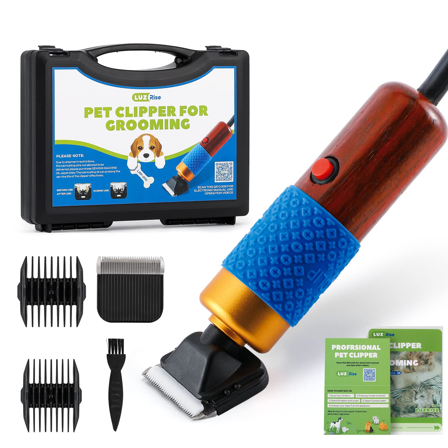 Luzrise Pet Grooming Clippers 200W, Plug-In With 3M Power Cord & Stepless Speed Control, Low Noise < 50Db, Heavy-Duty Dog Hair T
