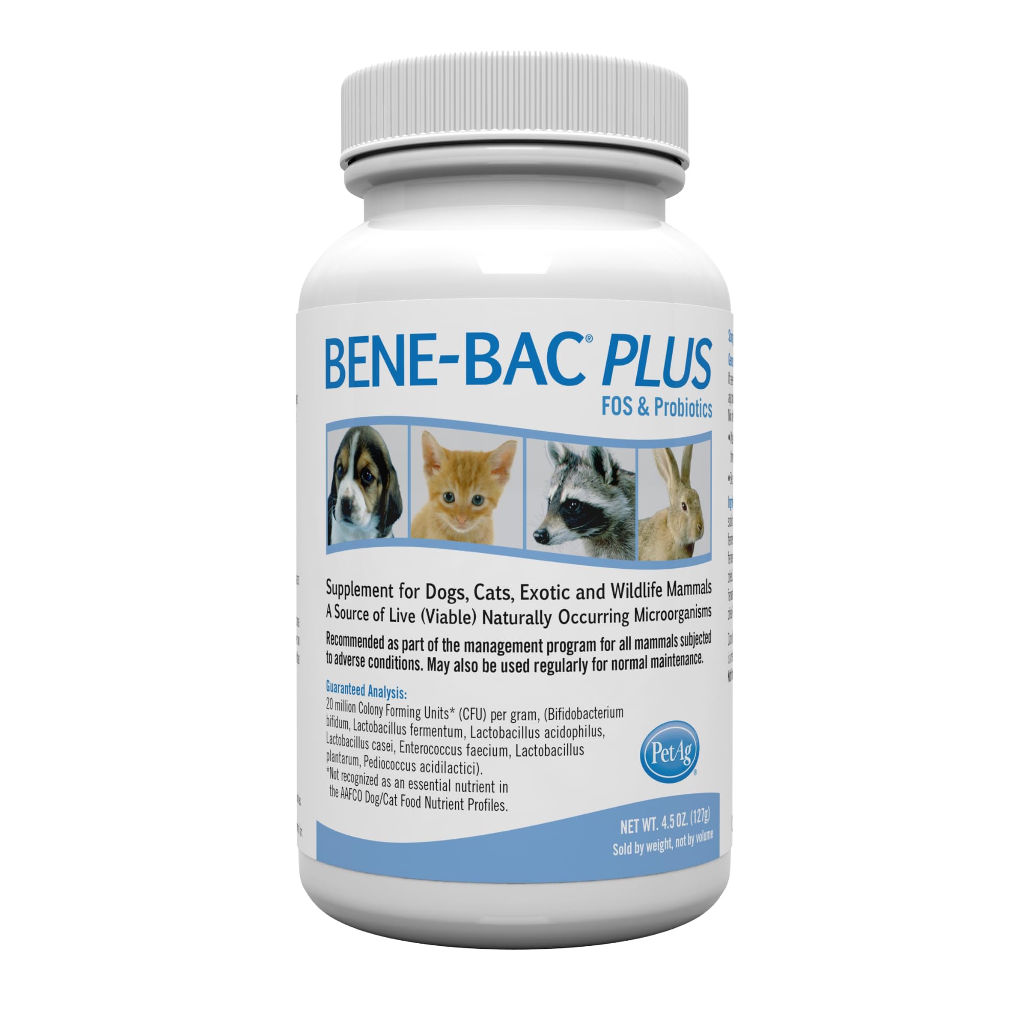 Pet-Ag Bene-Bac Plus - 4.5 oz Powder - FOS & Probiotics for Dogs, Cats, Exotic & Wildlife Mammals