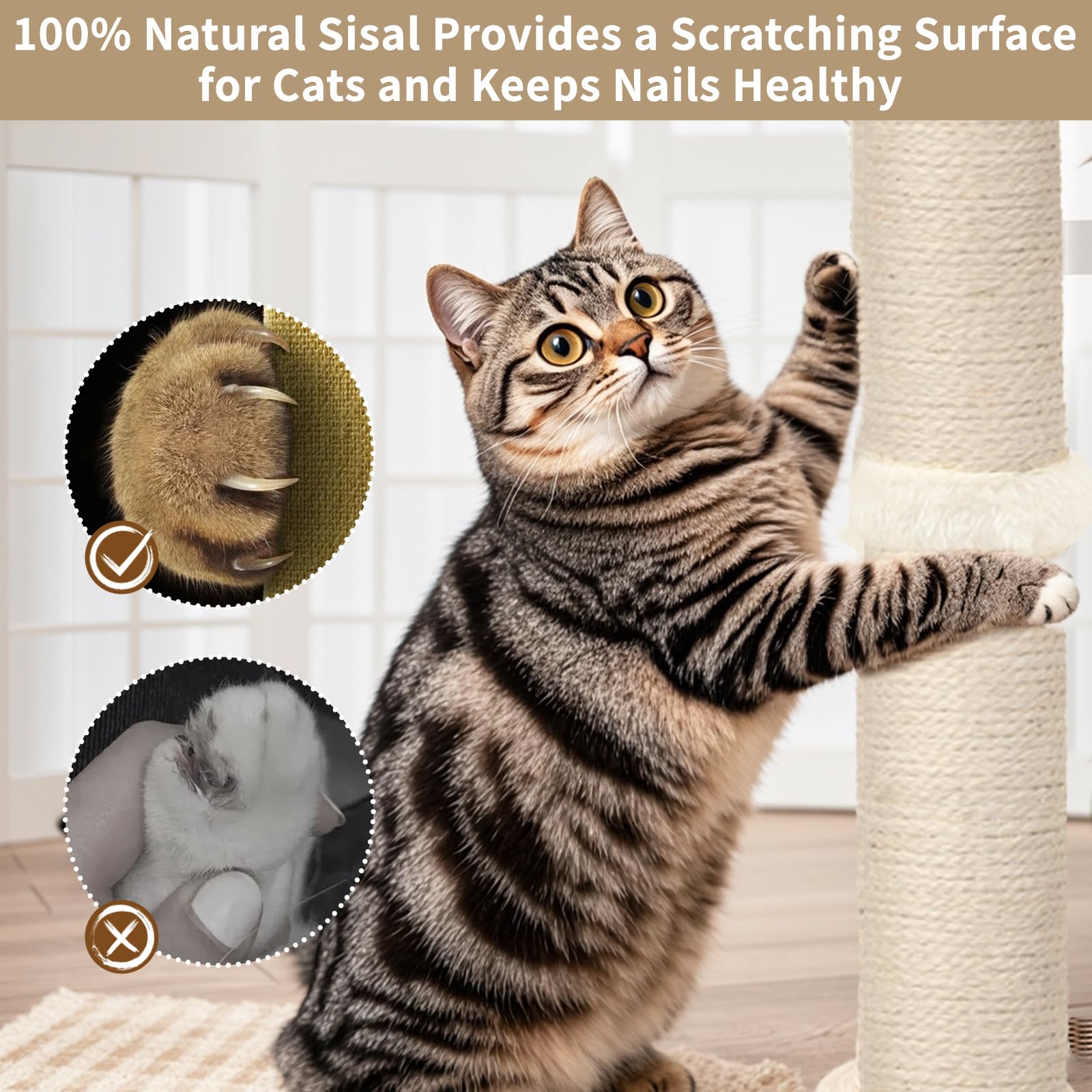 Cat Scratching Post, Sisal, Interactive Furniture Toys For Indoor Cats Adults, 2 Mounting Methods Scratcher Tree Tower With Hang
