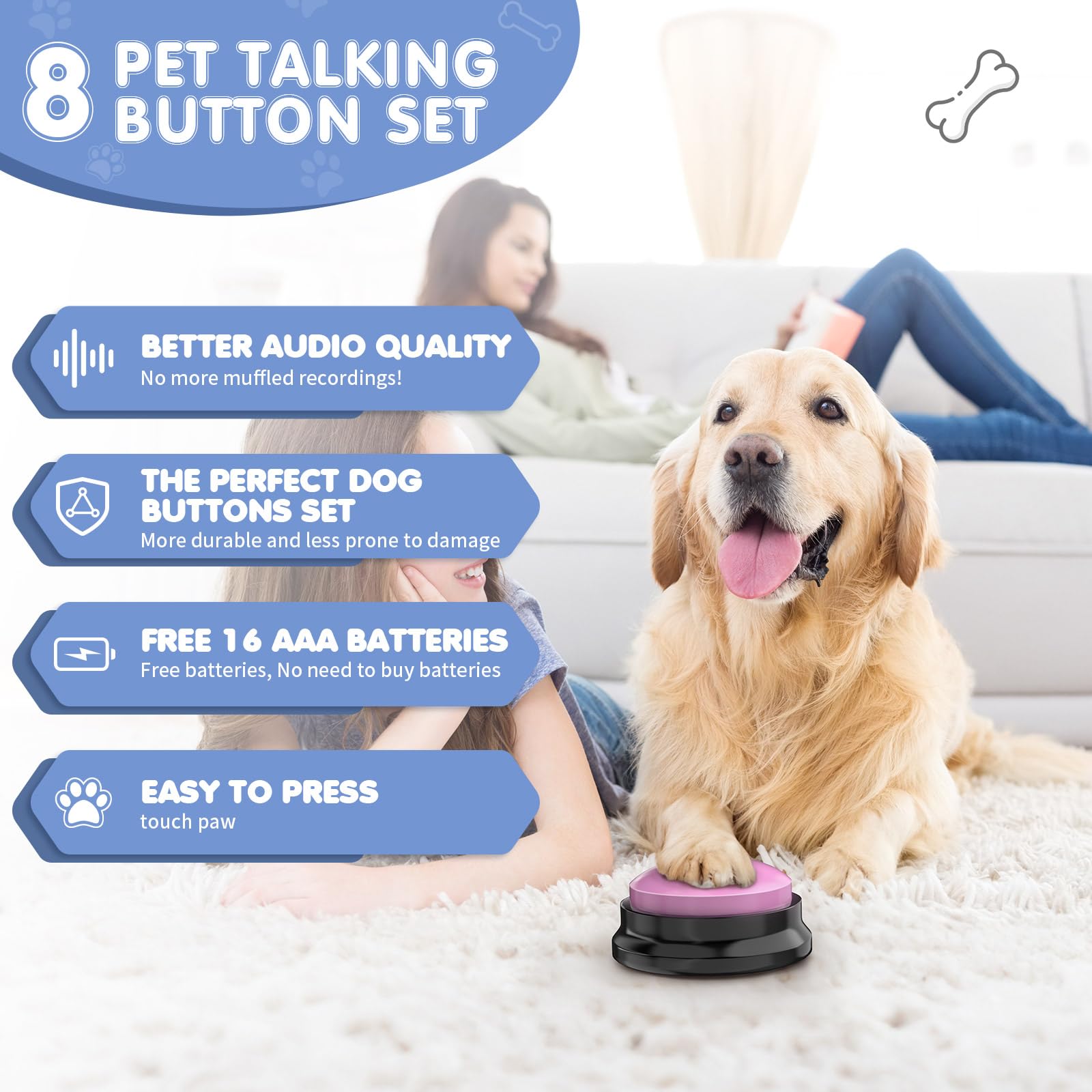 Dciaer Dog Buttons For Communication, 8 Pcs Dog Talking Button Set,30 Seconds Recordable Pet Training Buzzer,With Training Manua