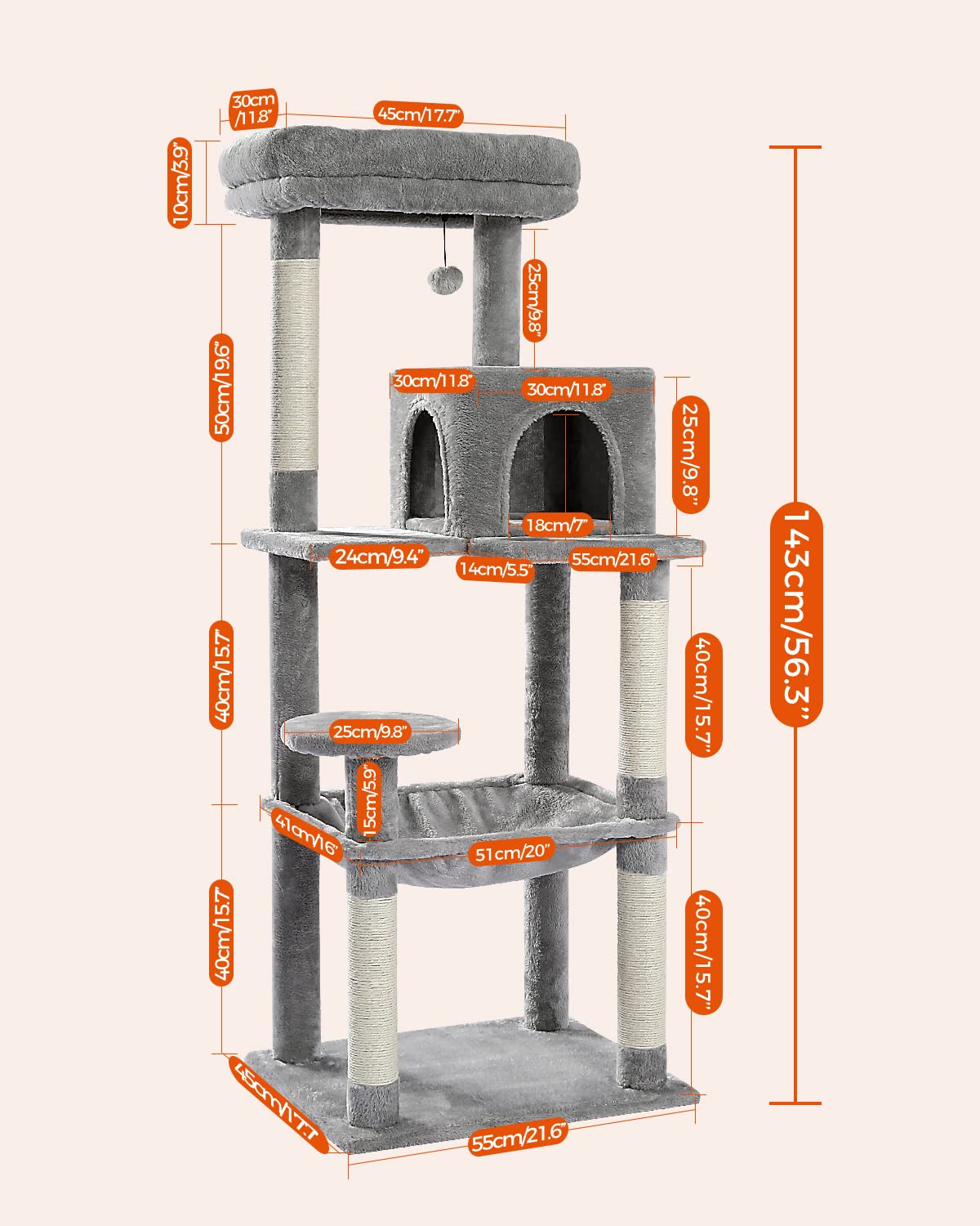 PETEPELA 56.3   Tall Cat Tree for Indoor Cats, Multi-Level Cat Tower with Super Large Hammock (20  X16  ), Sisal Covered S