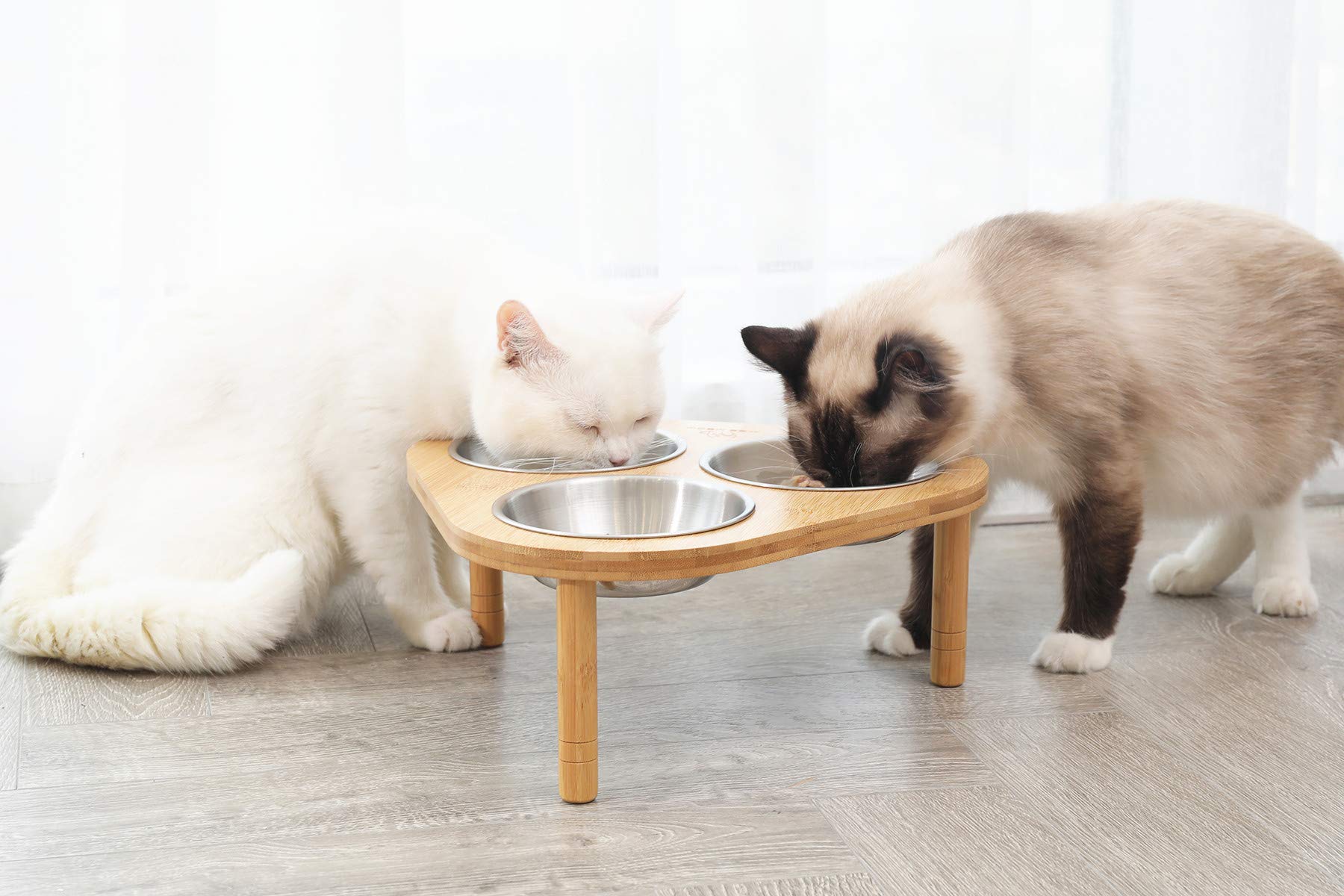 Miss Meow Raised Cat Bowls With Stand Feeder, Elevated Bamboo Stand With 3 Stainless Still Bowls And Removable Feet. (Stainless Still Bowls)