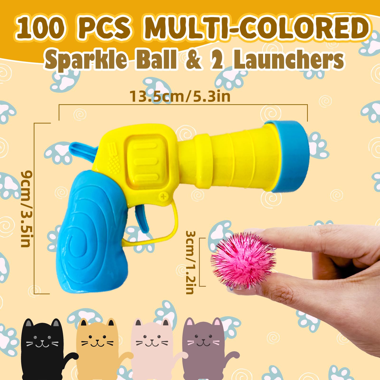 Eerrhhaq Cat Toy Balls With Launchers Set,2 Cat Toy Launchers & 100 Glitter Cat Pom Pom Balls,Cat Fetch Toy Interactive Cat Toy
