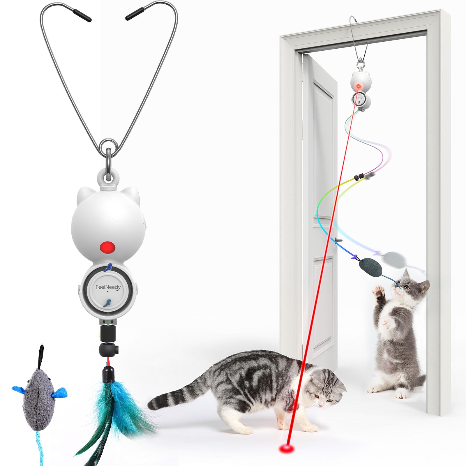 Feelneedy Laser Cat Toys For Indoor Cats, Interactive Cat Toy Led Light Hanging, Cats Wand Toy Feather, Feather & Mouse For Bore