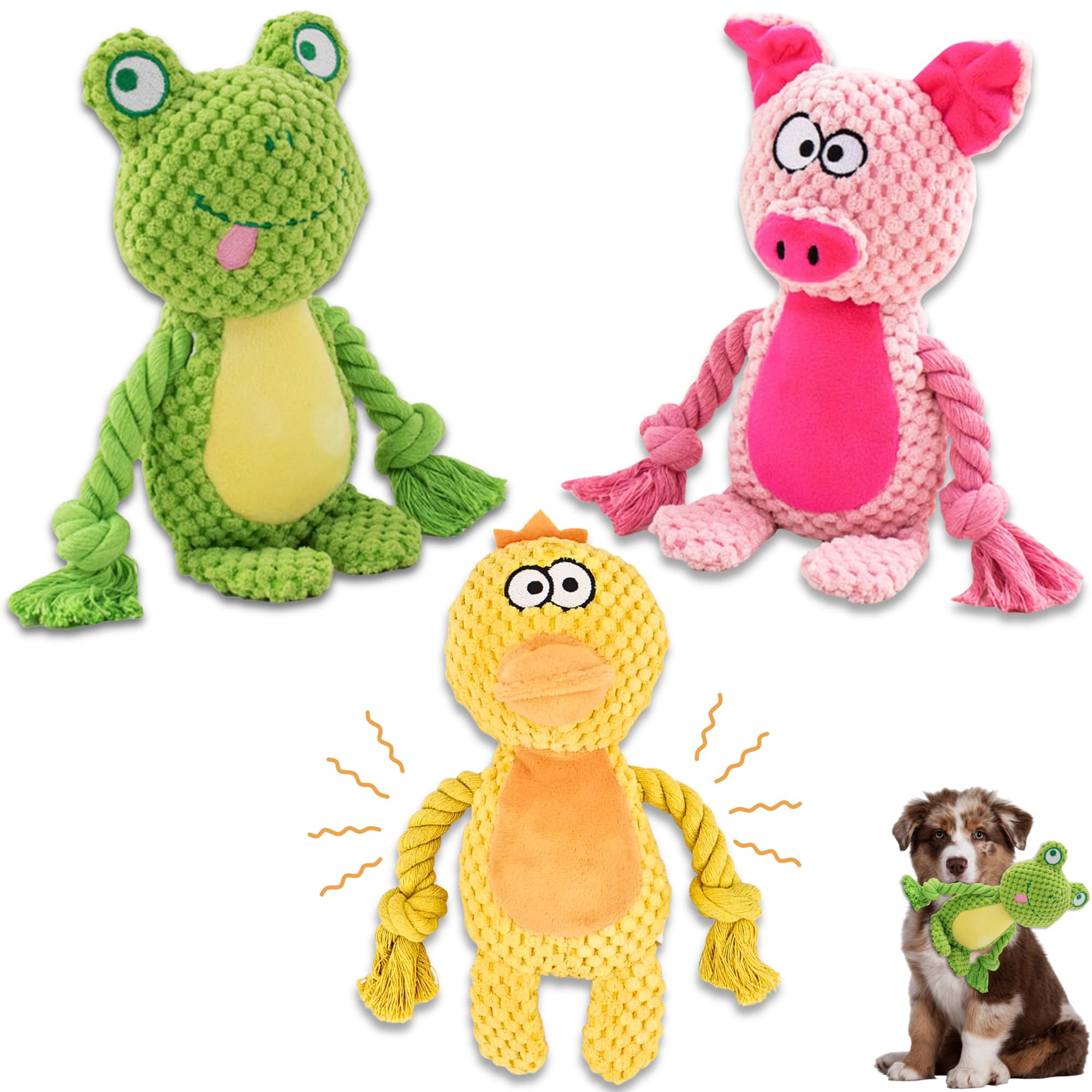 Leash and Leisure Plush Dog Toys, 3-Pack Variety Set with Squeaker, Crinkle Paper, Rope, Non-Toxic, Soft & Durable, Teething Pup