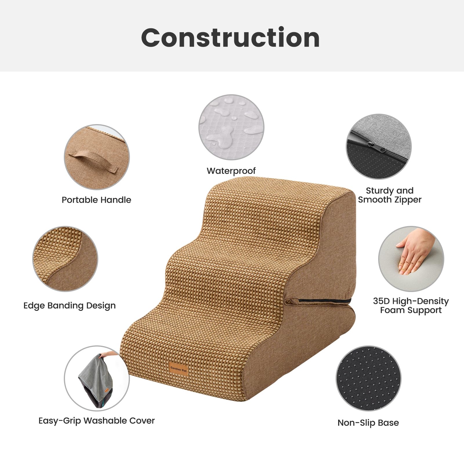 Gardner Pet Dog Stairs for Small Dogs 16.5 H, 2 in 1 Transformable 3-Step Pet Stairs and Dog Ramp for Couch (13-20 in), Brown Ad