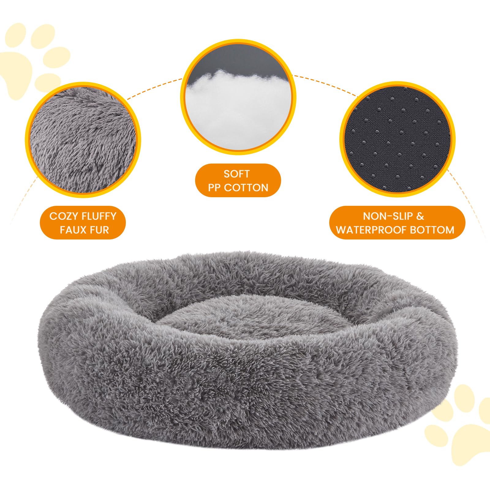 Urgvanz Pet Calming Donut Dog Bed For Large Dogs Up To 80Lbs, Round Fluffy Plush Pet Bed, 34Inch