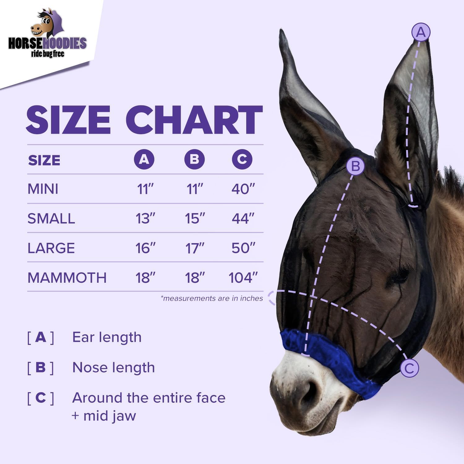 Donkey Fly Mask with Long Ears (Purple) Made in USA - Mule Fly Mask with Ears Protection from Insects and Bugs, Mini Donkey Soft