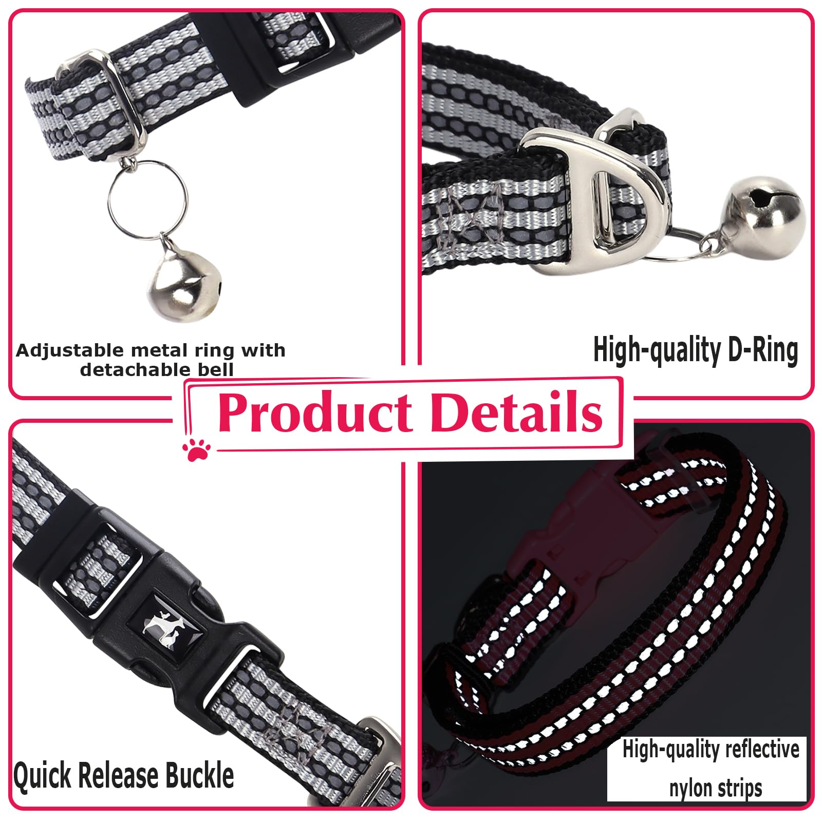 Small Dogs Collar With Bell - Reflective Nylon Adjustable Collar For Xs & S Dogs High Visibility For Night Walks, For Puppies (S