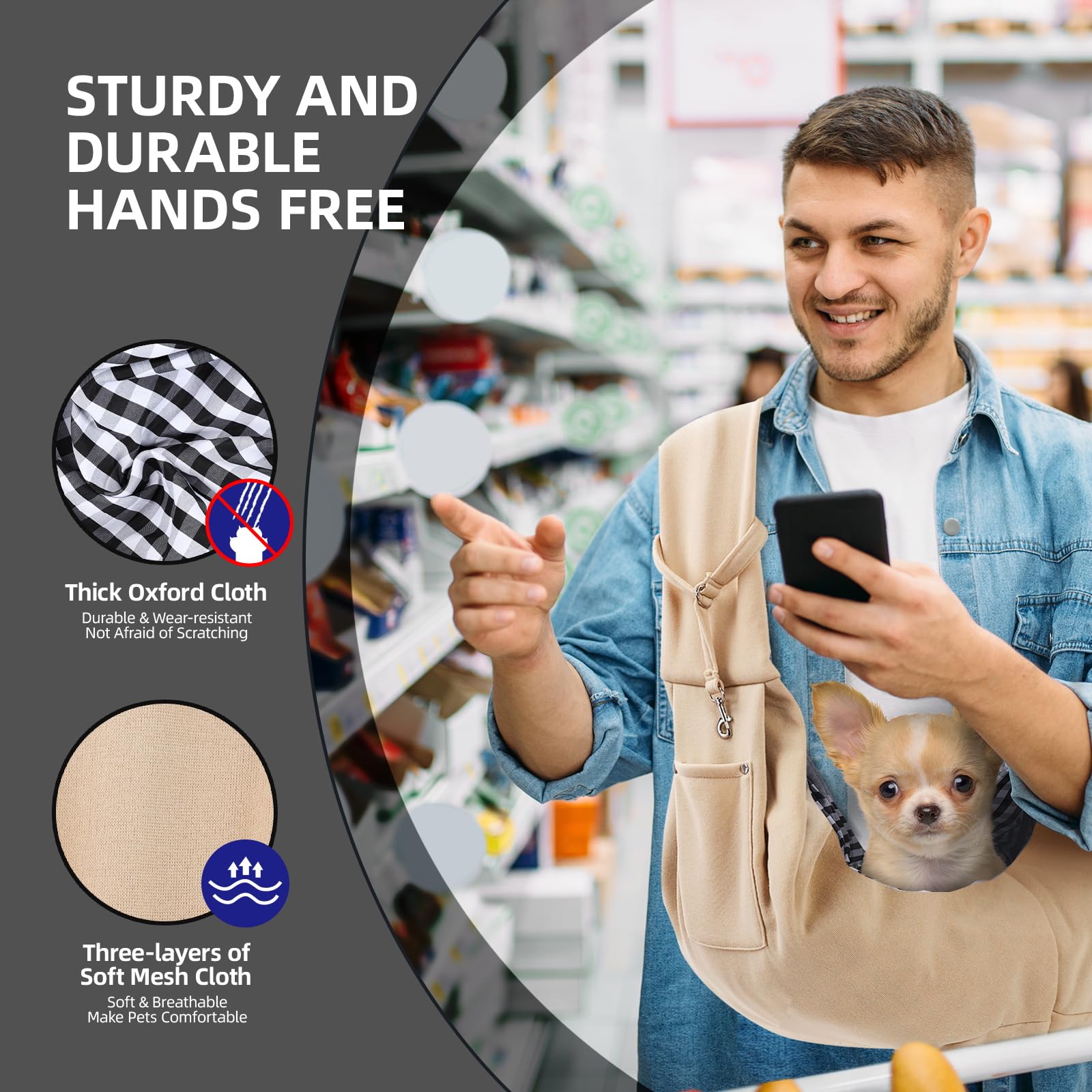 Dog Carrier Sling - Reversible Puppy Carrier Purse With Storage Pocket, Hand-Free Dog Sling Carrier For Carry Small Dogs And Cats, Travel Safety Harness, Dog And Cat Harness (Apricot)