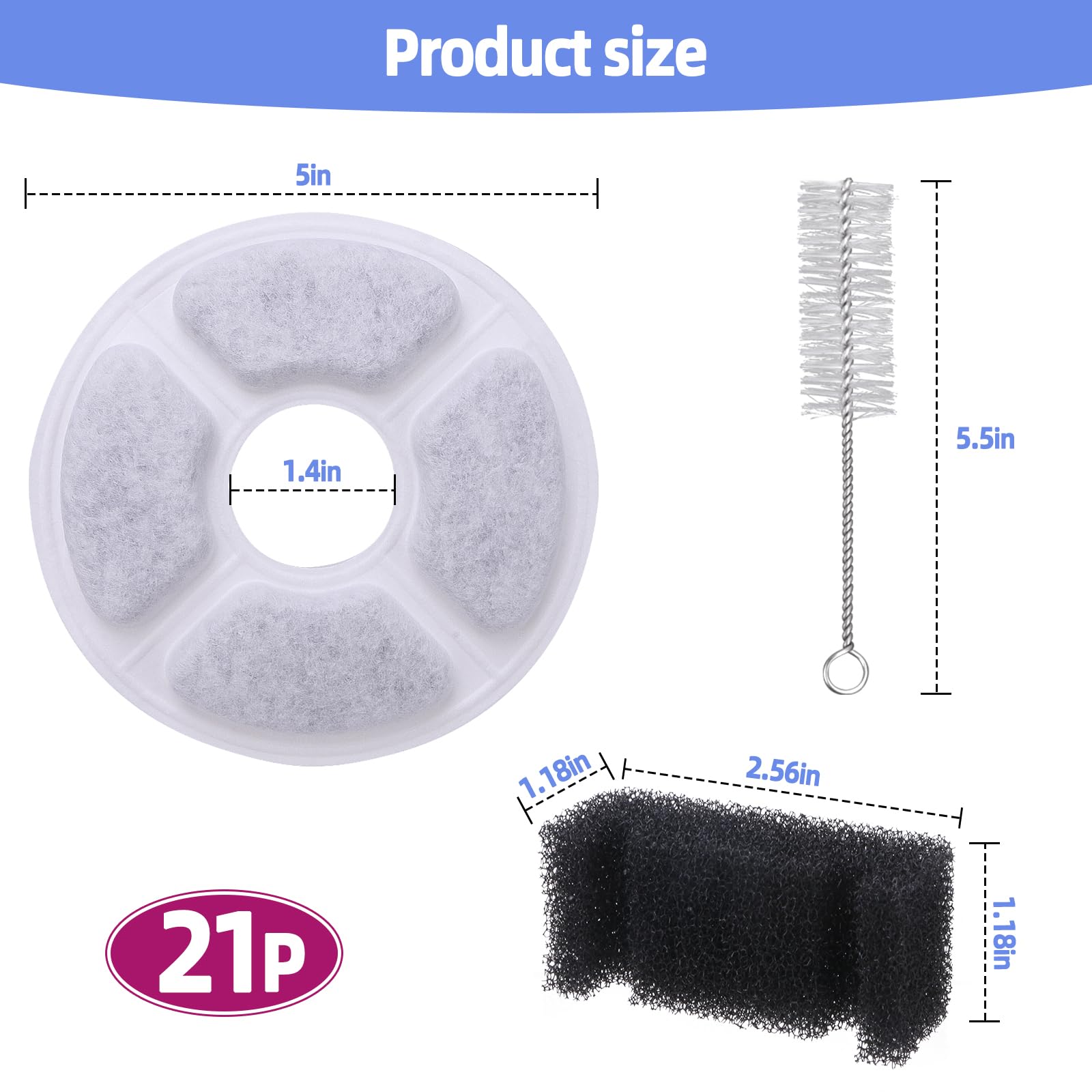 21 Pcs Cat Fountain Filter Replacement Kit Includes 16 Filters, 4 Sponges, And 1 Brush. With 50% More Activated Carbon And Tripl