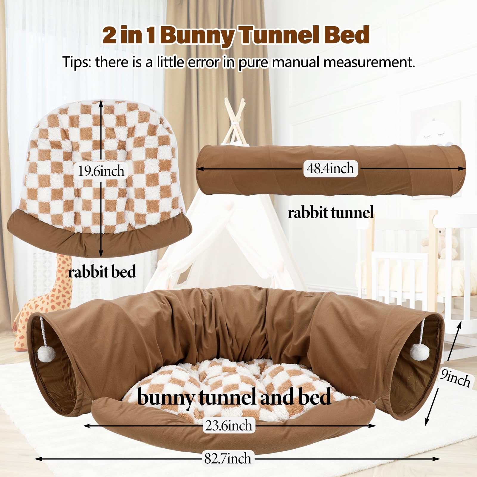Bwogue Bunny Tunnel Bed, 2-In-1 Collapsible Tunnel Tubes Toys With Removable Mat Hideout For Cats Kittens Rabbits Guinea Pigs Ki