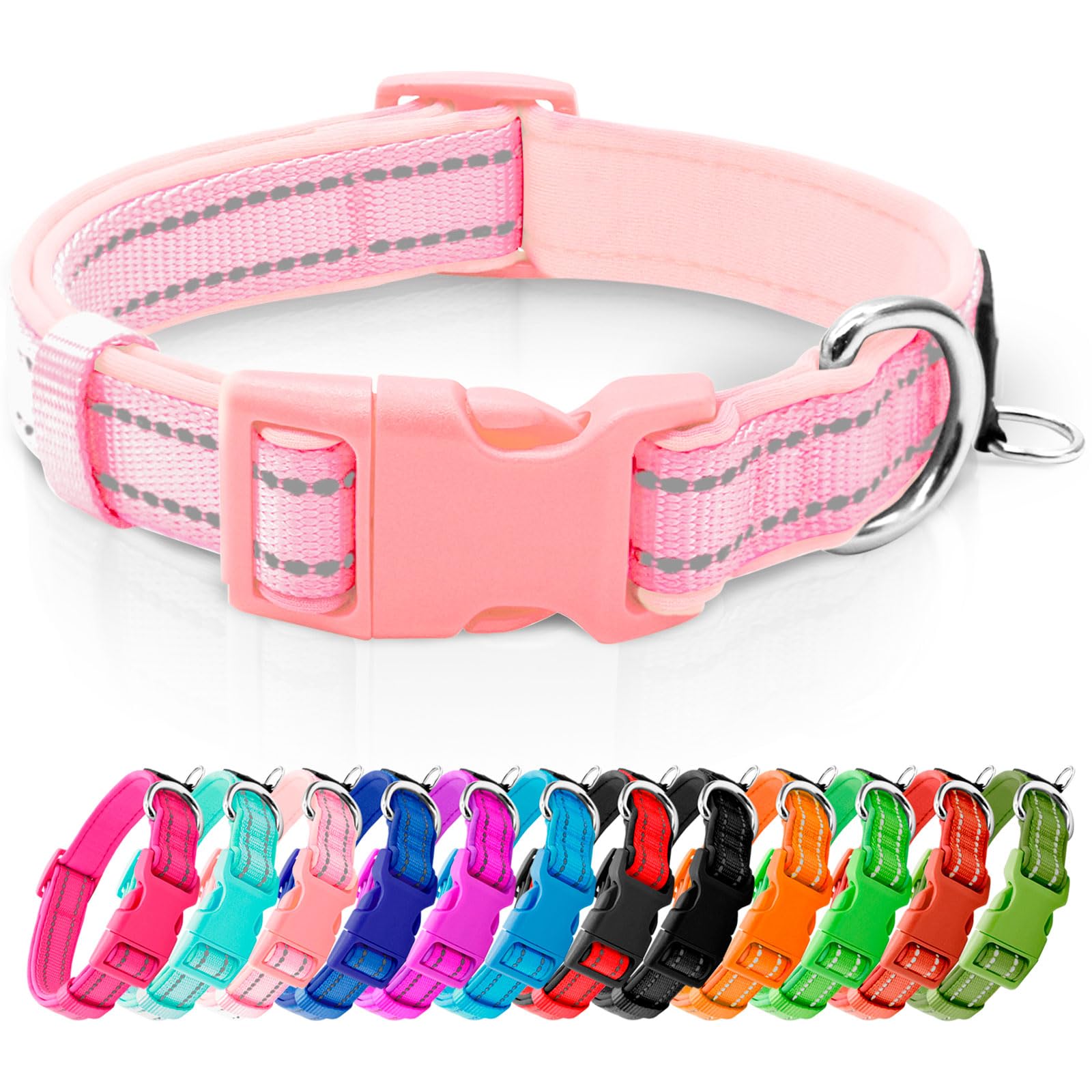 Azuza Reflective Dog Collar,Soft Neoprene Padded Pet Collar With Id Tag Ring,Adjustable For Small Dogs,Pink,S