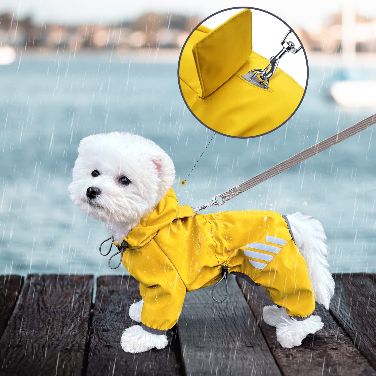 Dog Raincoat, Waterproof Dog Rain Jacket With Hood, Dog Rain Coat With Leash Hole, Reflective Strap For Small Medium Dogs, Lightweight Puppy Clothes(Yellow,L)