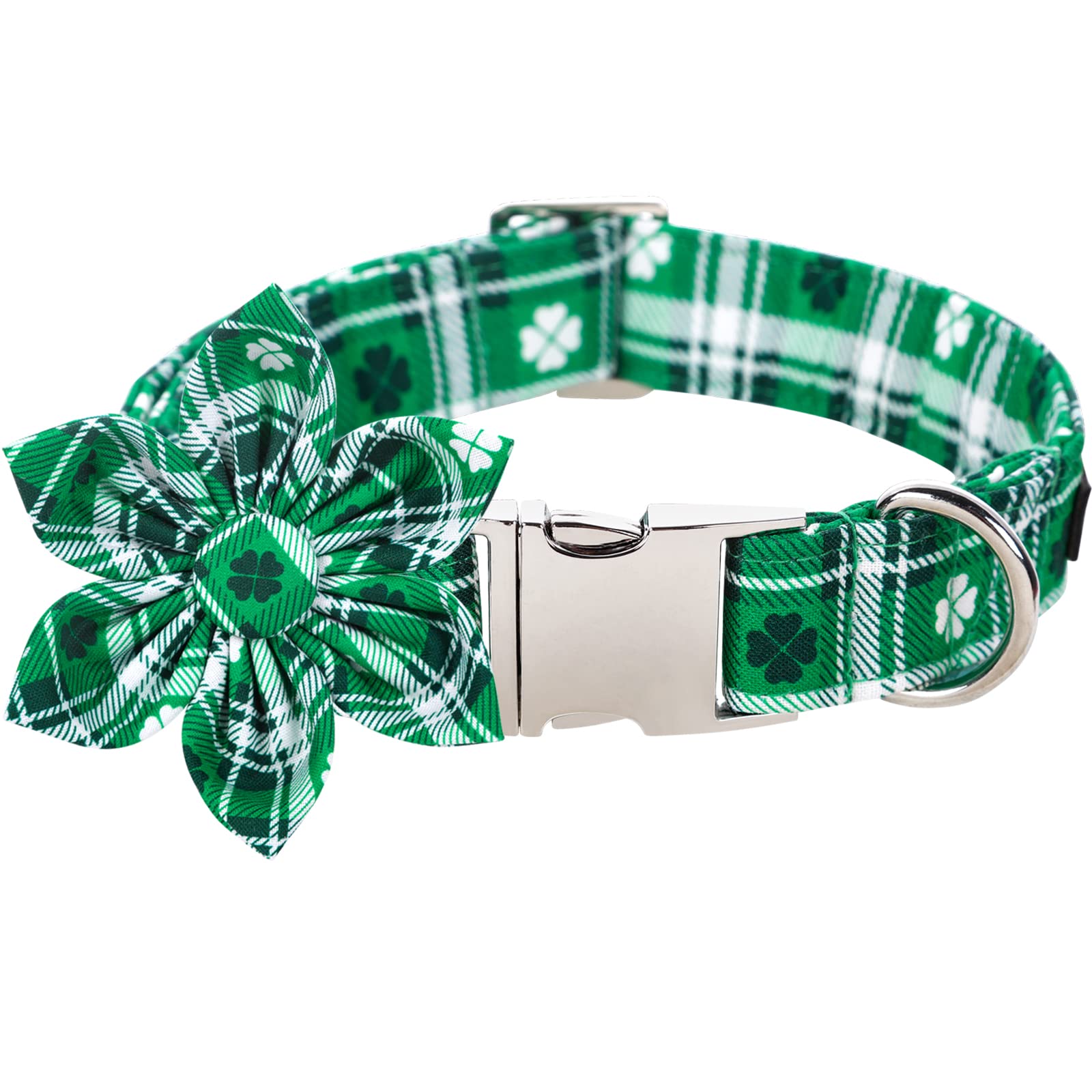 Lionet Paws St Patricks Day Dog Collar With Flower, Irish Green Shamrock Clover Flower Collar With Metal Buckle For Dogs And Cat