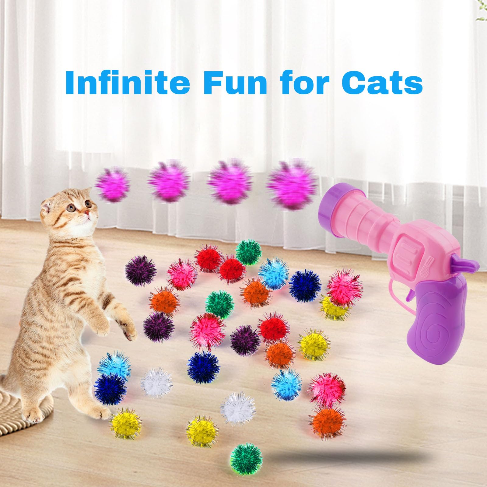 102Pcs Cat Toy Gun Launcher - 100 Sparkle Pom Pom Balls And 2 Ball Launchers, Interactive Fetch Toy Shooter For Indoor Cats And