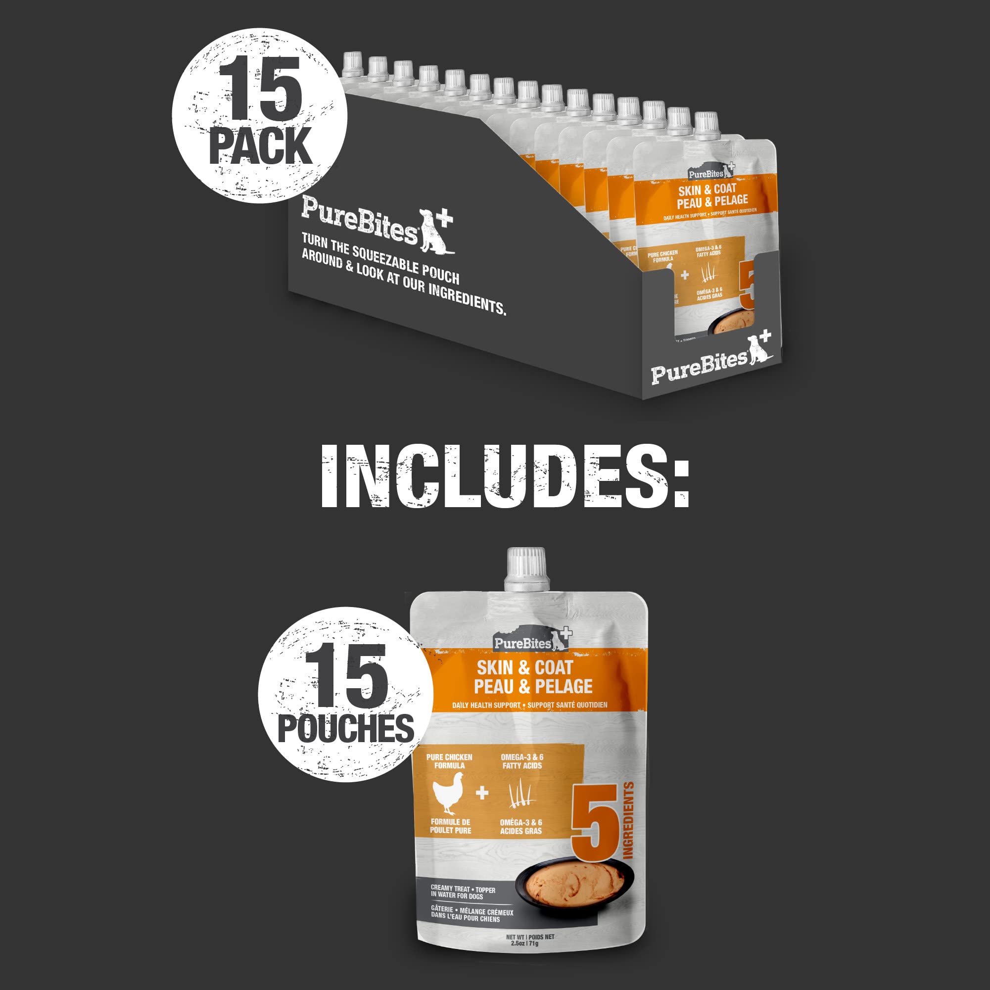PureBites+ Skin & Coat Squeezables for Dogs, only 5 Ingredients, case of 15