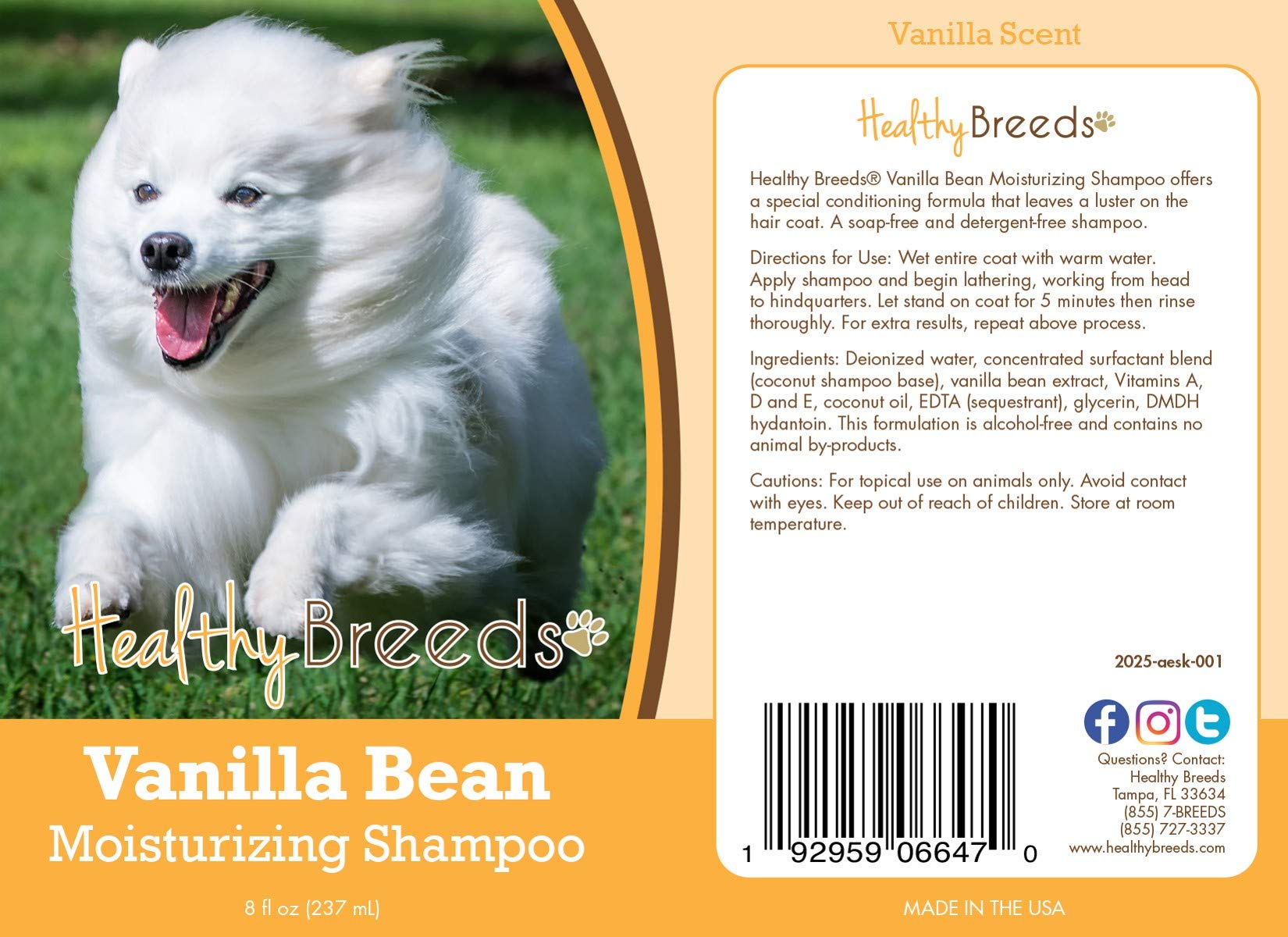 Healthy Breeds American Eskimo Dog Vanilla Bean Moisturizing Shampoo + Conditioner - With Vitamins A, D, E + Coconut Oil - 8 Oz