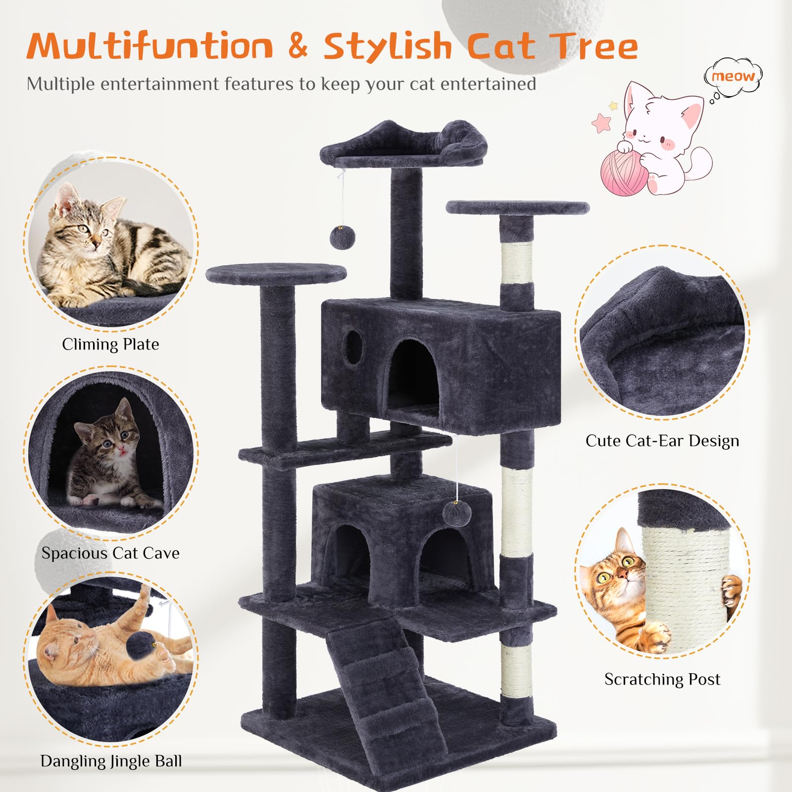 Fluffydream Cat Tree Tower For Indoor Cats, 54 Inches Multi-Level Activity Cat Tree With Sisal Scratching Posts Cat Play House C