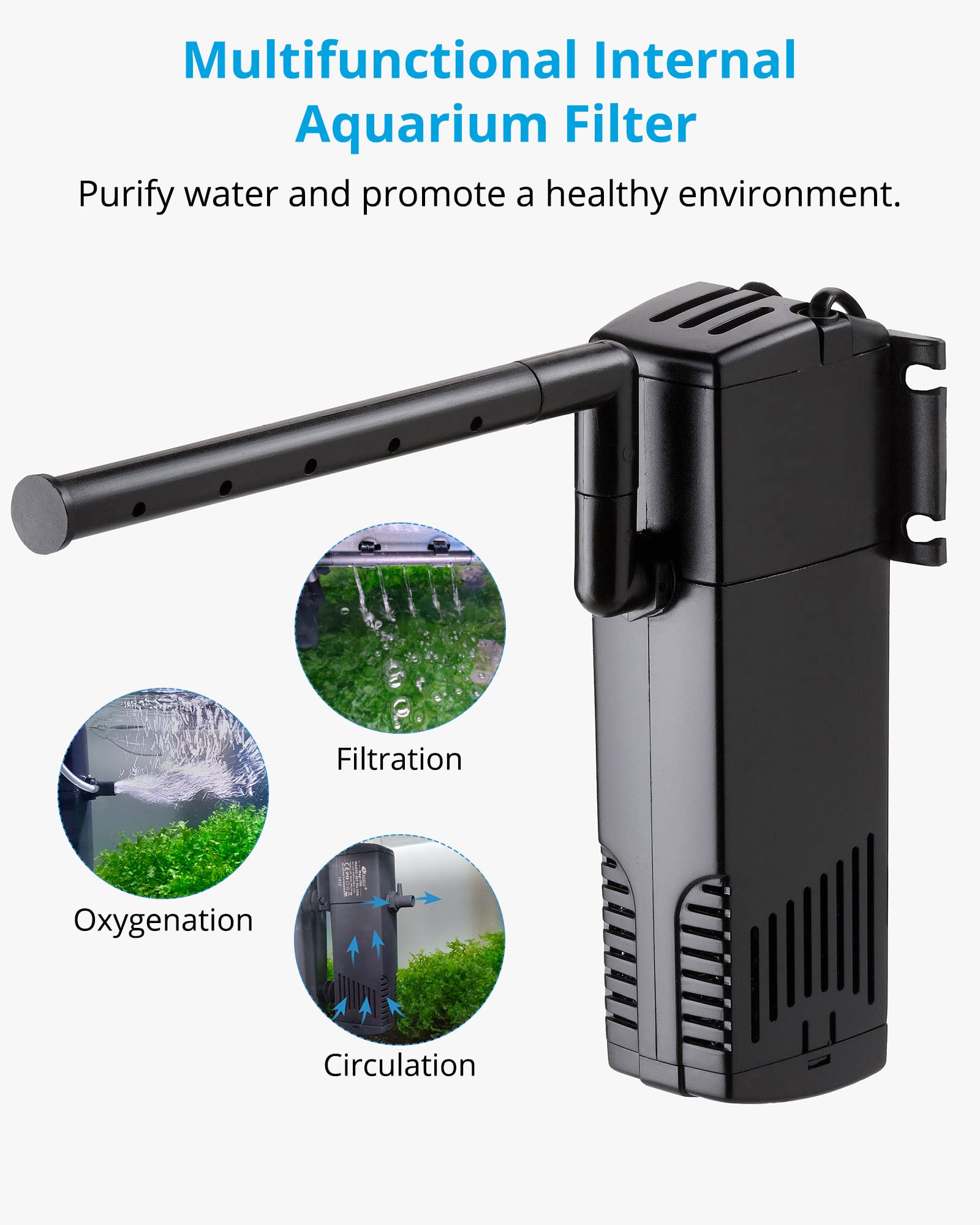 Nicrew Aquarium Internal Filter, Submersible Power Filter With Multiple Function, Aeration System With Sponge Filter For Fish Tanks 20-40 Gallon, 185 Gph, 10W