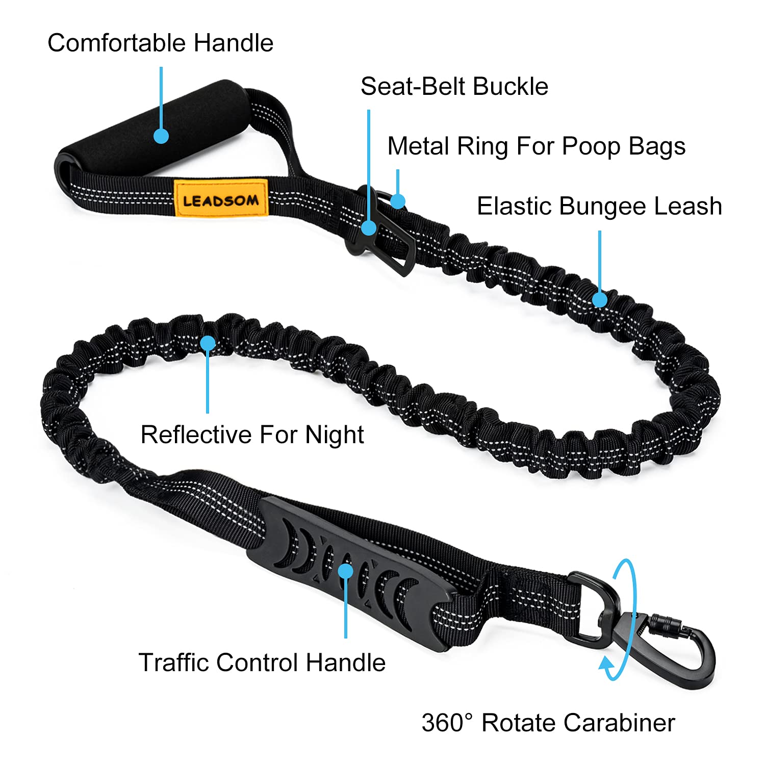 LEADSOM 6FT Dog Leash, Heavy Duty Elastic with Shock Absorbing Padded Handle, Black Nylon for Medium and Large Dogs
