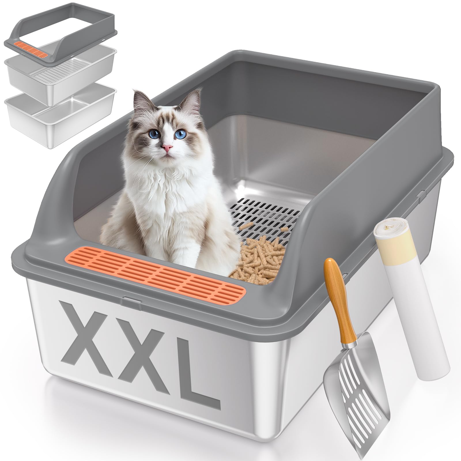 Yoochee Stainless Steel Sifting Litter Box With Lid, Xxl Sifting Cat Litter Box Extra Large For Pine Pellets & Big Cats, Metal S