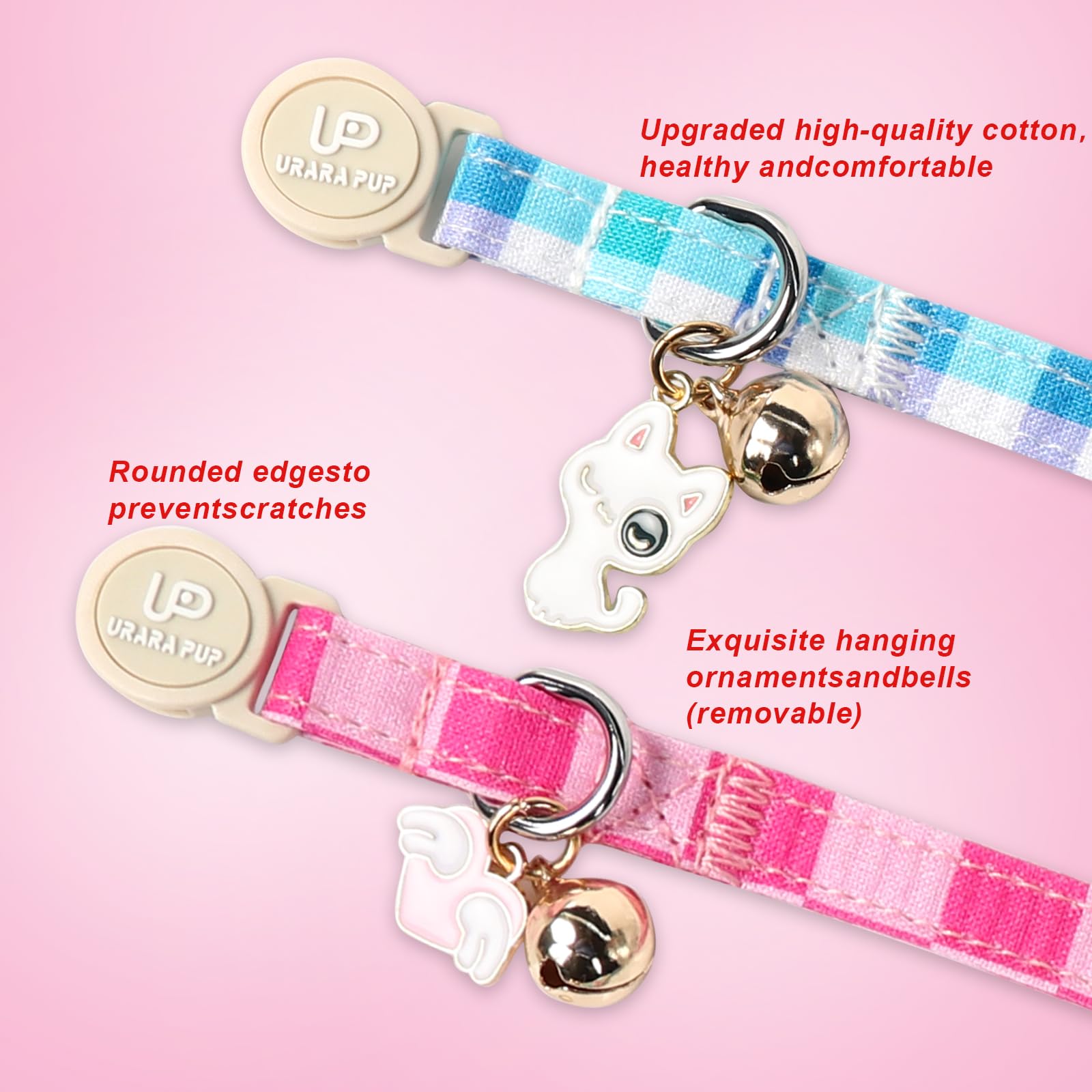 Up Urara Pup Cat Collar, 2Pack Cat Collars Cute Breakaway Kitty Collars, Summer Blue & Pink Grid Cat Collar With Bell, Holiday K