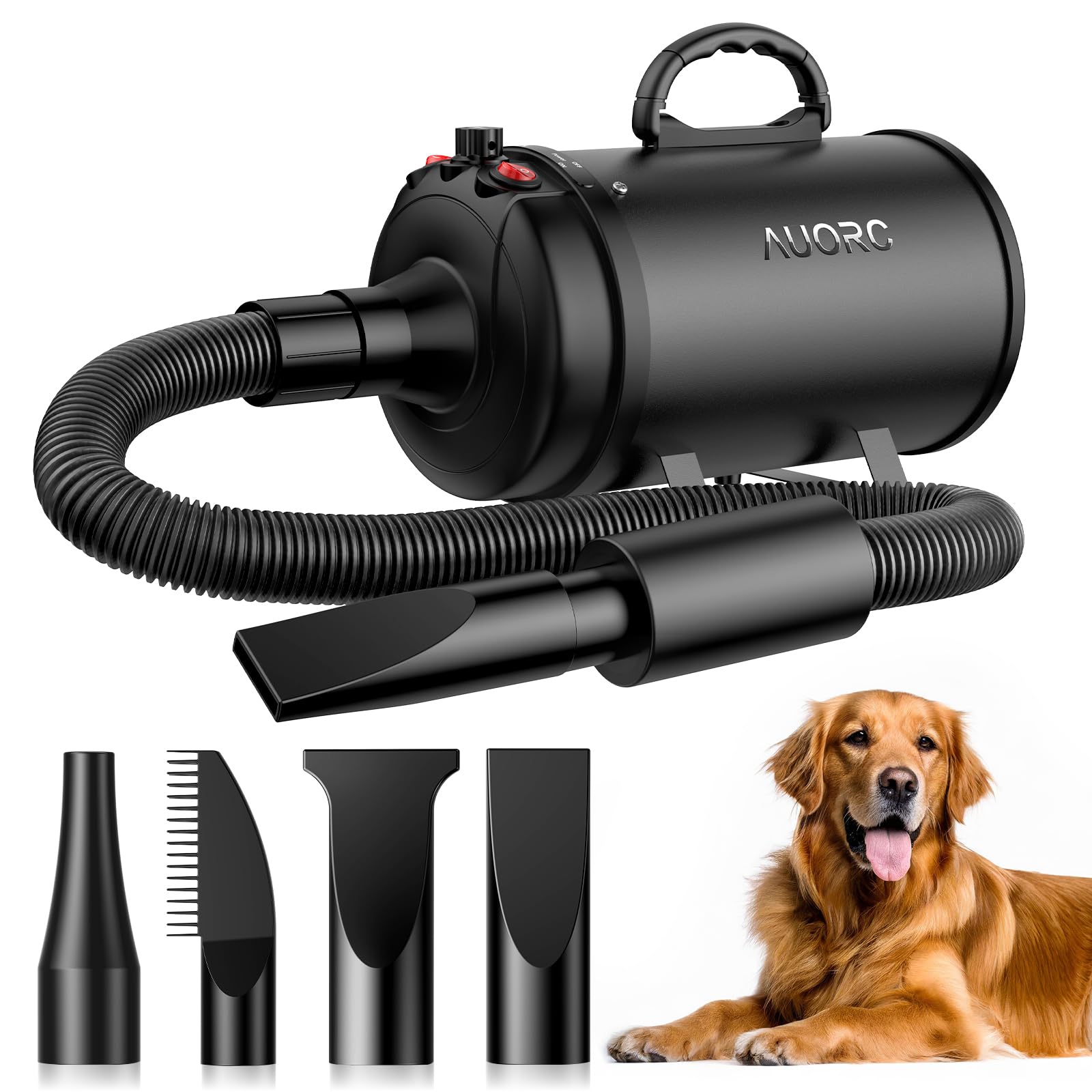 Auorc Dog Dryer, 5.2Hp/3800W High Velocity Dog Hair Dryer With 4 Nozzles, Stepless Adjustable Speed & Temperature Control, Low N