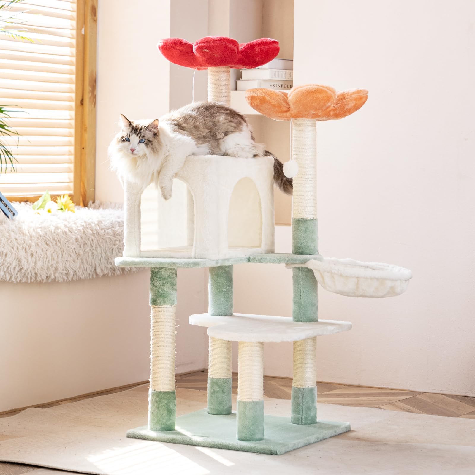 Hyabi 48 Inch Modern Cat Tree Tower With Hanging Basket & Flower Design - Multi-Level Cat Furniture With Plush Perches, Scratch Posts, Toy Balls - Stylish Indoor Playhouse For Cats & Kittens