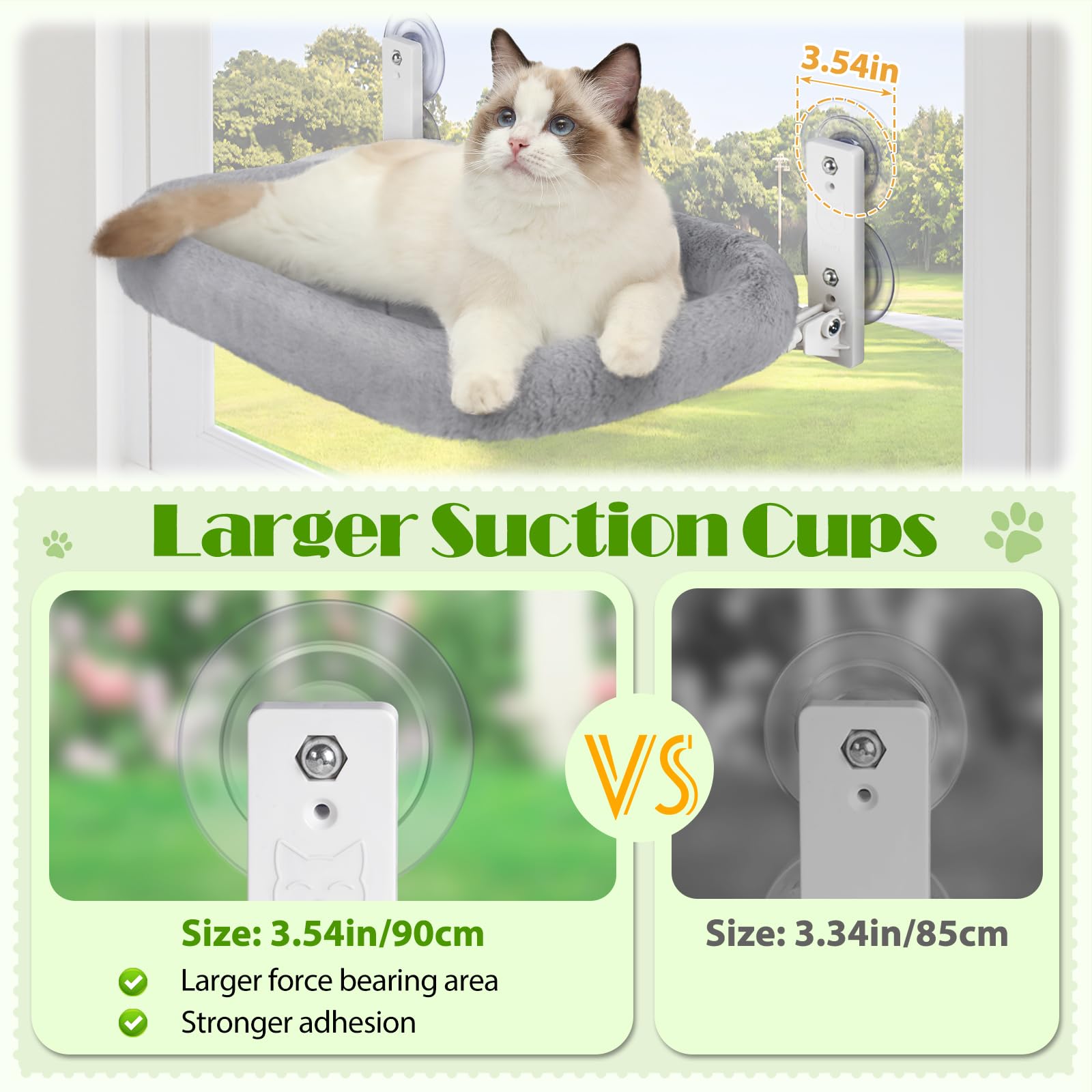 Keny Cat Window Perch With Soft Plush Cushion Bed, Cordless Cat Window Hammock With 3.54'' Larger Suction Cups, Easy To Assemble