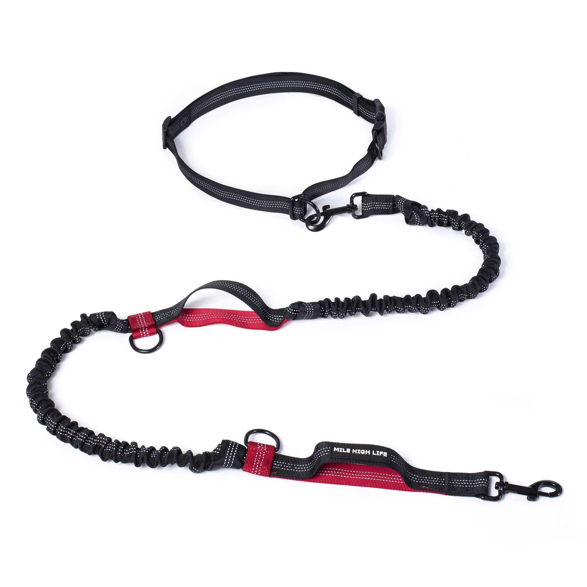 Mile High Life | Retractable Hands Free Dog 7Ft Leash | Waist Running Adjustable | Reflective Dual Black Bungees | Dual Handles | Small Medium Large Dogs | (Red)
