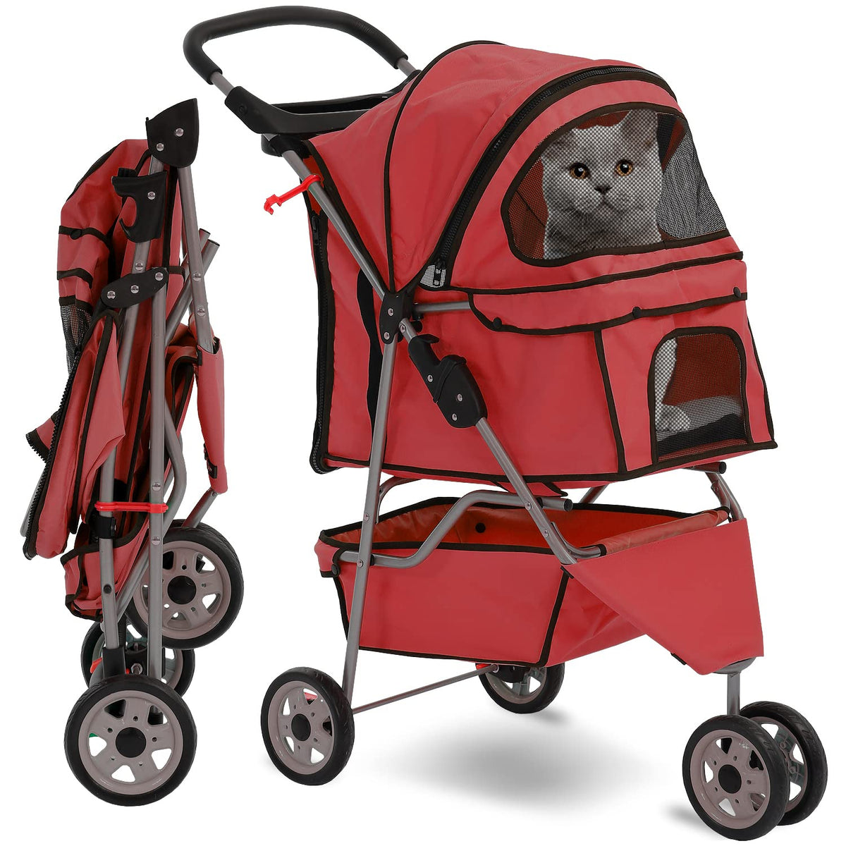 Hcy Folding Dog Stroller, 3 Wheels Cat Strollers Pet Gear For Small Medium Cats Dogs Puppy With Storage Basket, Cup Holder,Lightweight-Red, 35.04 Inch X17.32 Inch X38.58 Inch