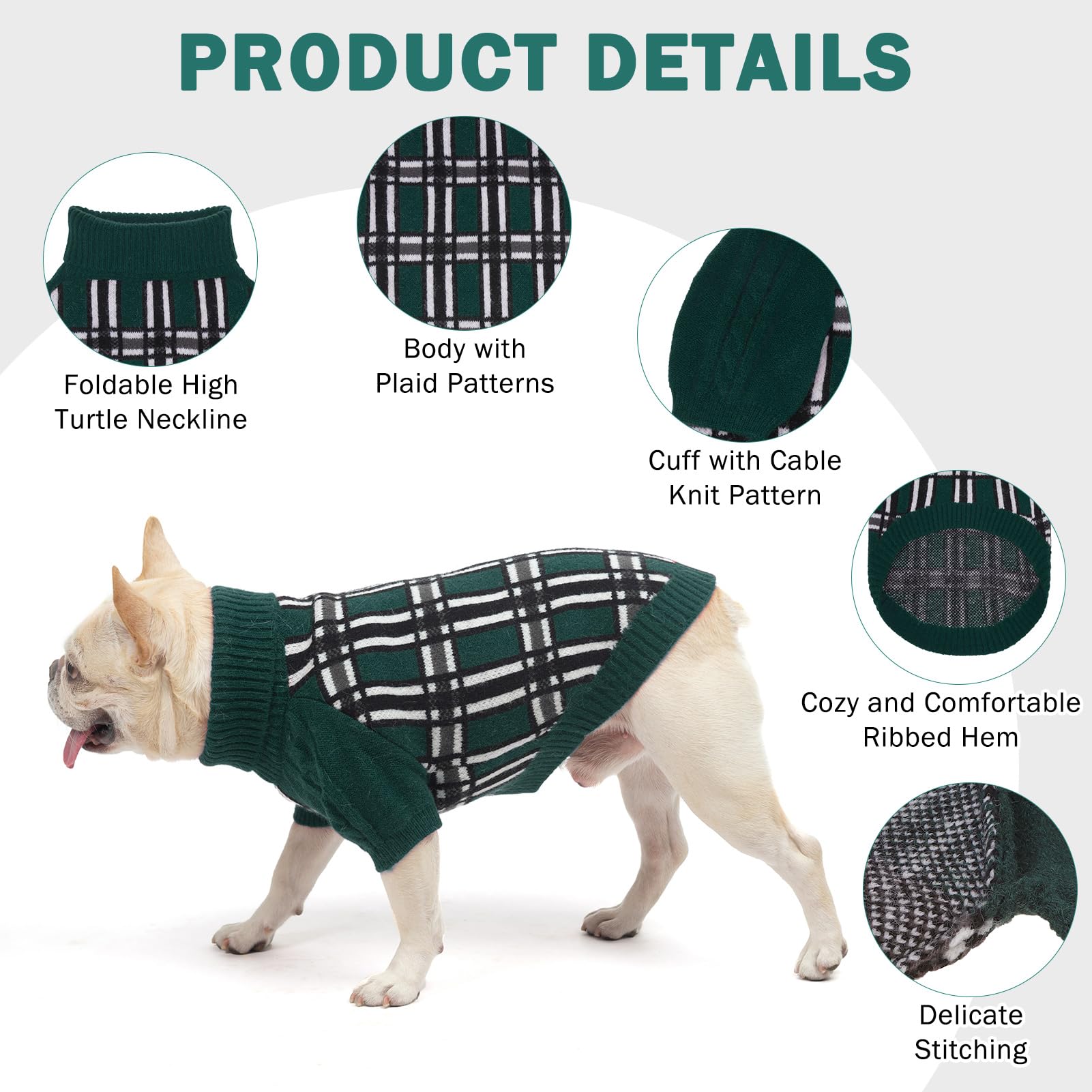 Scenereal Small Dog Pullover Sweater, Cold Weather Cable Knitwear, Classic Plaid Turtleneck Thick Warm Dog Clothes For Chihuahua