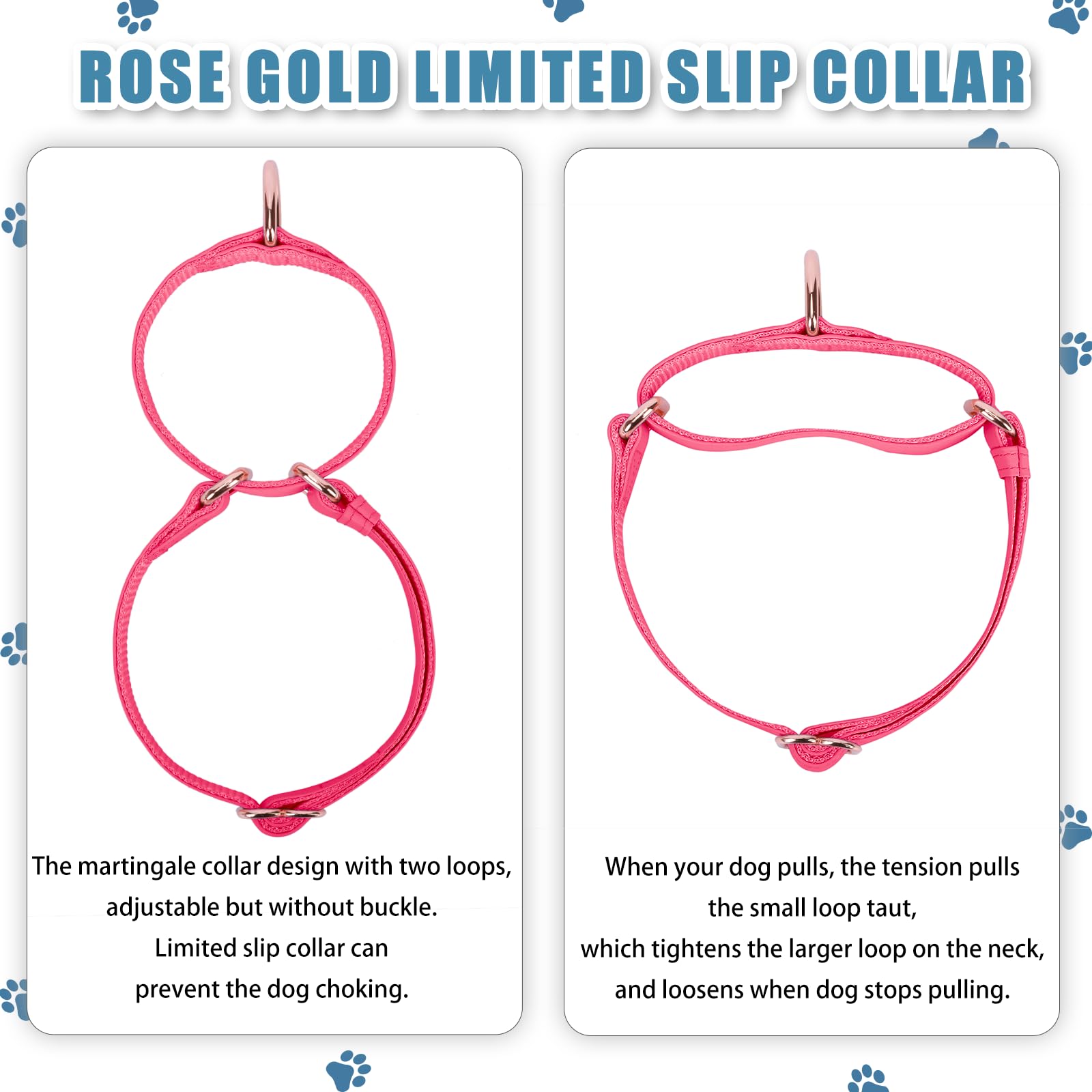 Soft Leather Martingale Dog Collar - Adjustable Rose Gold Limited Slip Collars [Easy to Clean], Stylish Durable Heavy Duty Nylon