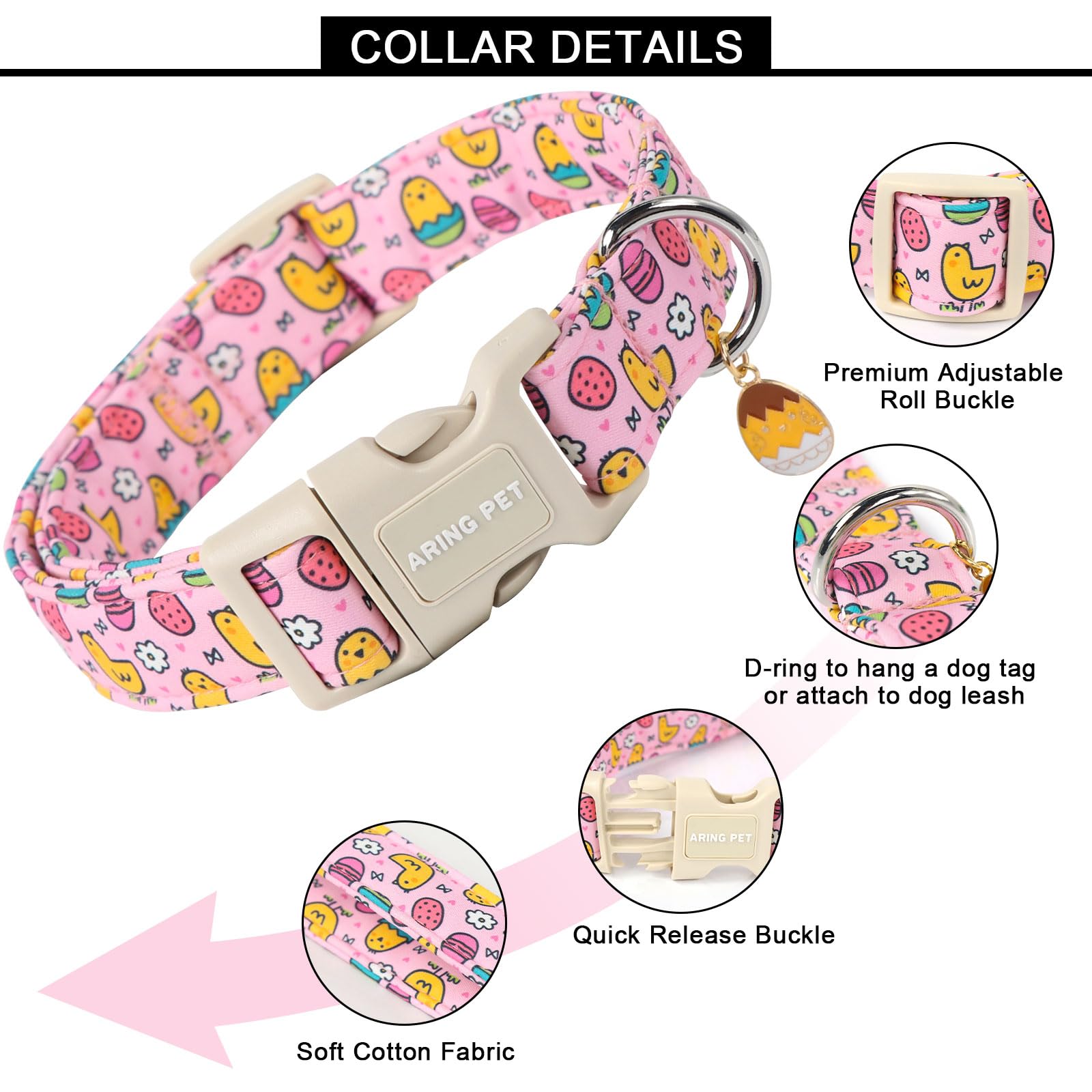 Aring Pet Easter Dog Collar-Cute Easter Eggs Dog Collar, Adjustable Pink Chick Pet Collars Puppy Collar Gifts With Quick Release
