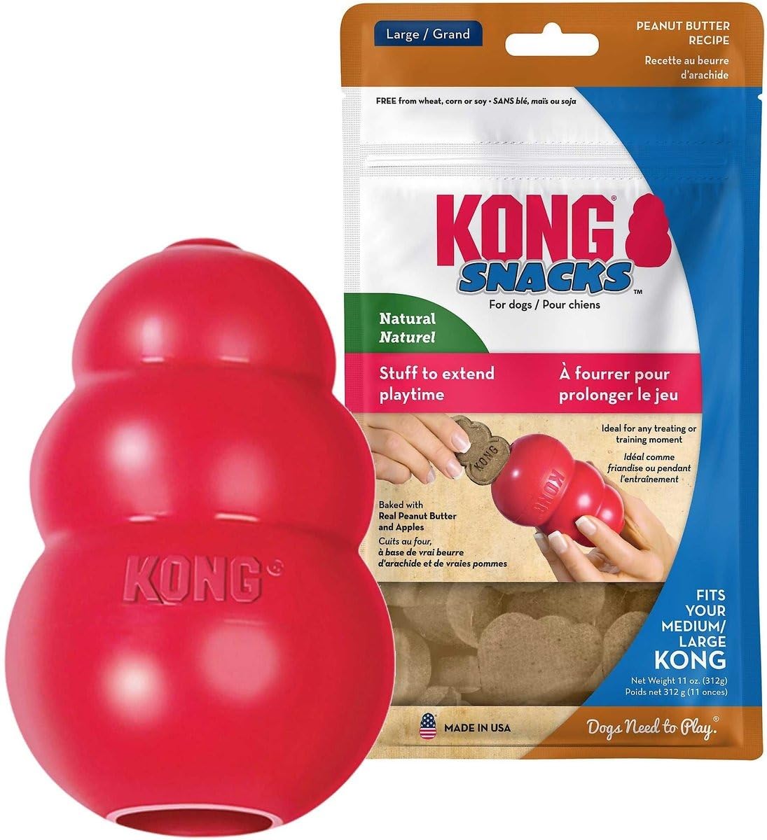 KONG Classic Dog Toy, Large Snacks Peanut Butter Snacks Large Dog Treats 11 Ounces, Combo Bundle