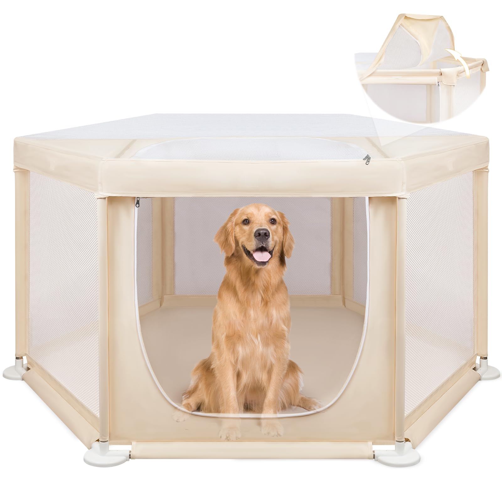 58''X58''X30'' Large Dog Playpen Indoor, Extra Tall Puppy Playpen With Removable Roof, Sturdy Fabric Mesh Dog Pen For Medium To 