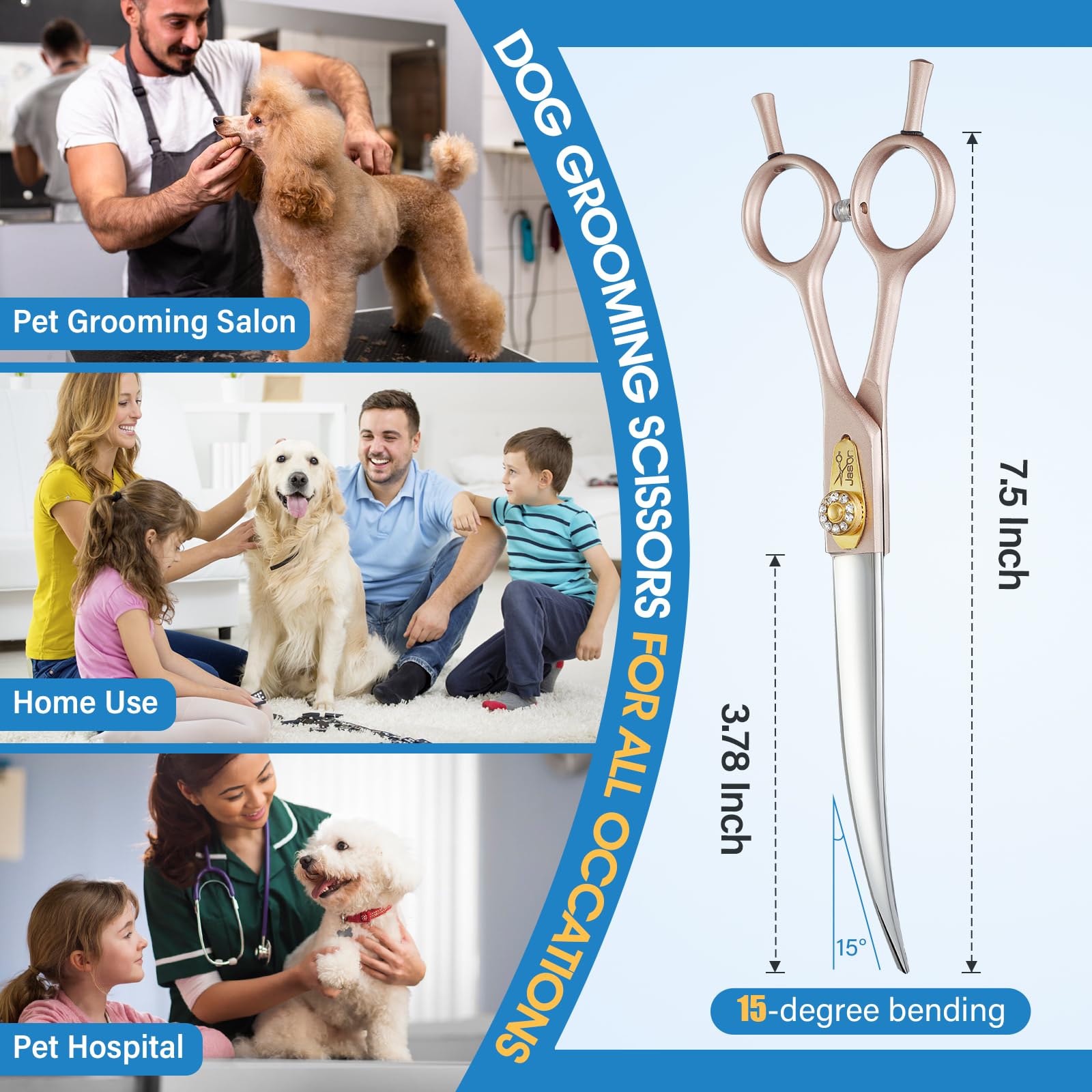 Jason 7.5'' Dog Grooming Scissors - Professional Curved Shear With Ergonomic Handle Japanese 440C Stainless Steel Pet Scissor Wi