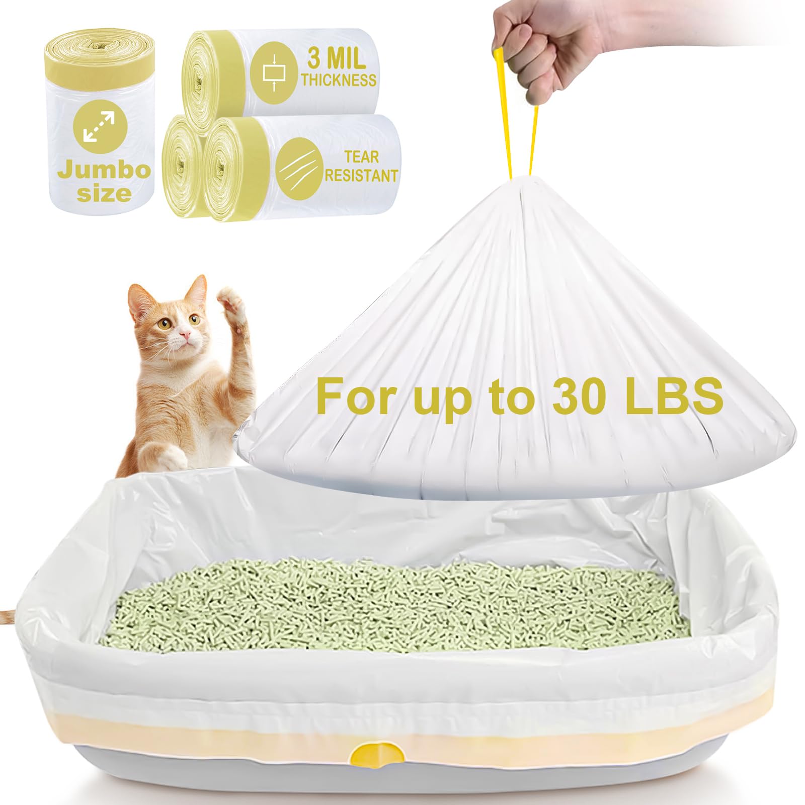 Elegx 40 Count Litter Box Liners,Hdpe Material 3Mil Extra Thick Heavy Duty 46'' X 18'' Jumbo Drawstring Cat String Liners,Compat