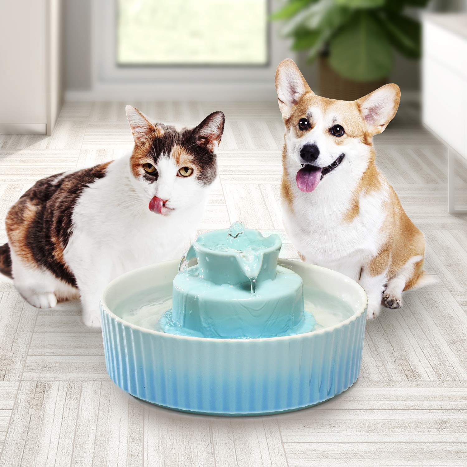 2.1L Ceramic Cat Water Fountain-for Cats and Dogs, 360 Ceramic Pet Fountain-70 Oz Large Water Capacity - Whisper-Quiet Water Flo
