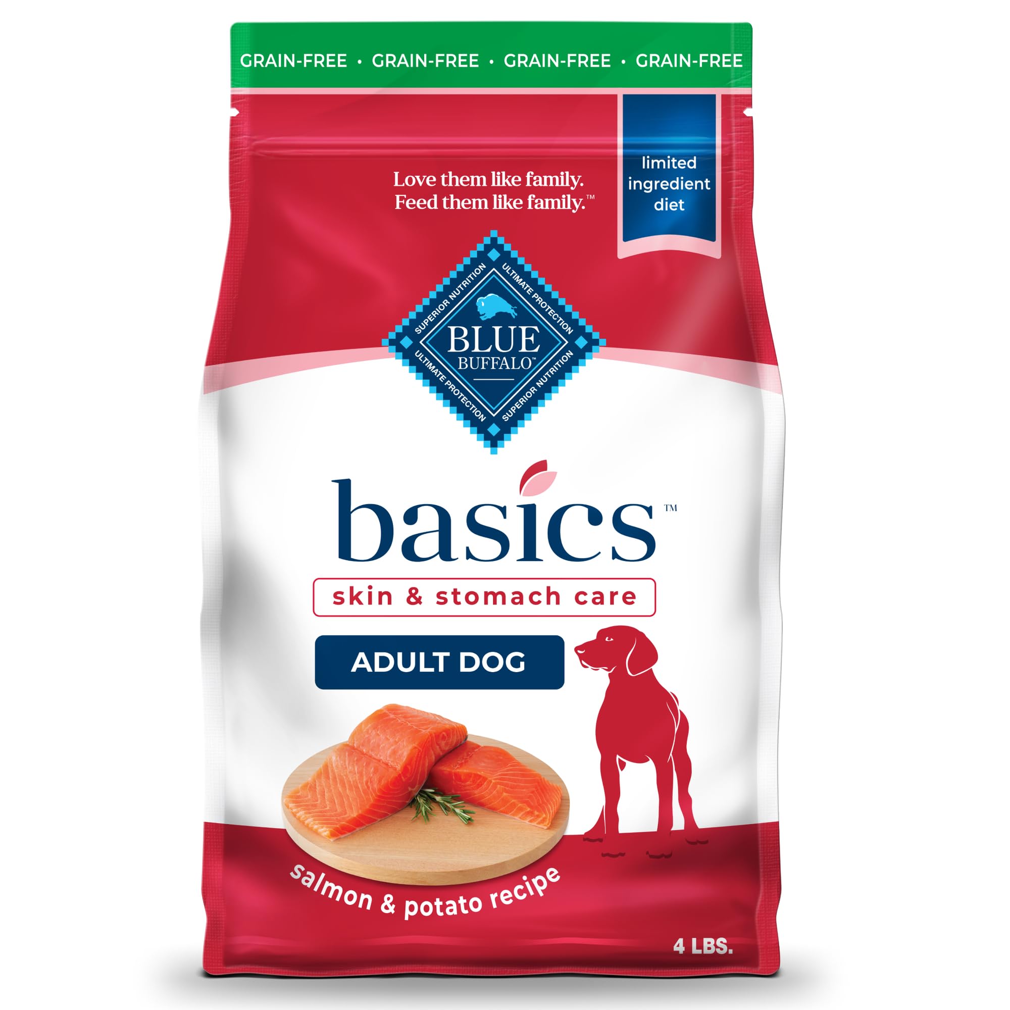 Blue Buffalo Basics Grain-Free Adult Dry Dog Food, Skin & Stomach Care, Limited Ingredient Diet for Dogs, Salmon Recipe, 4-lb. B