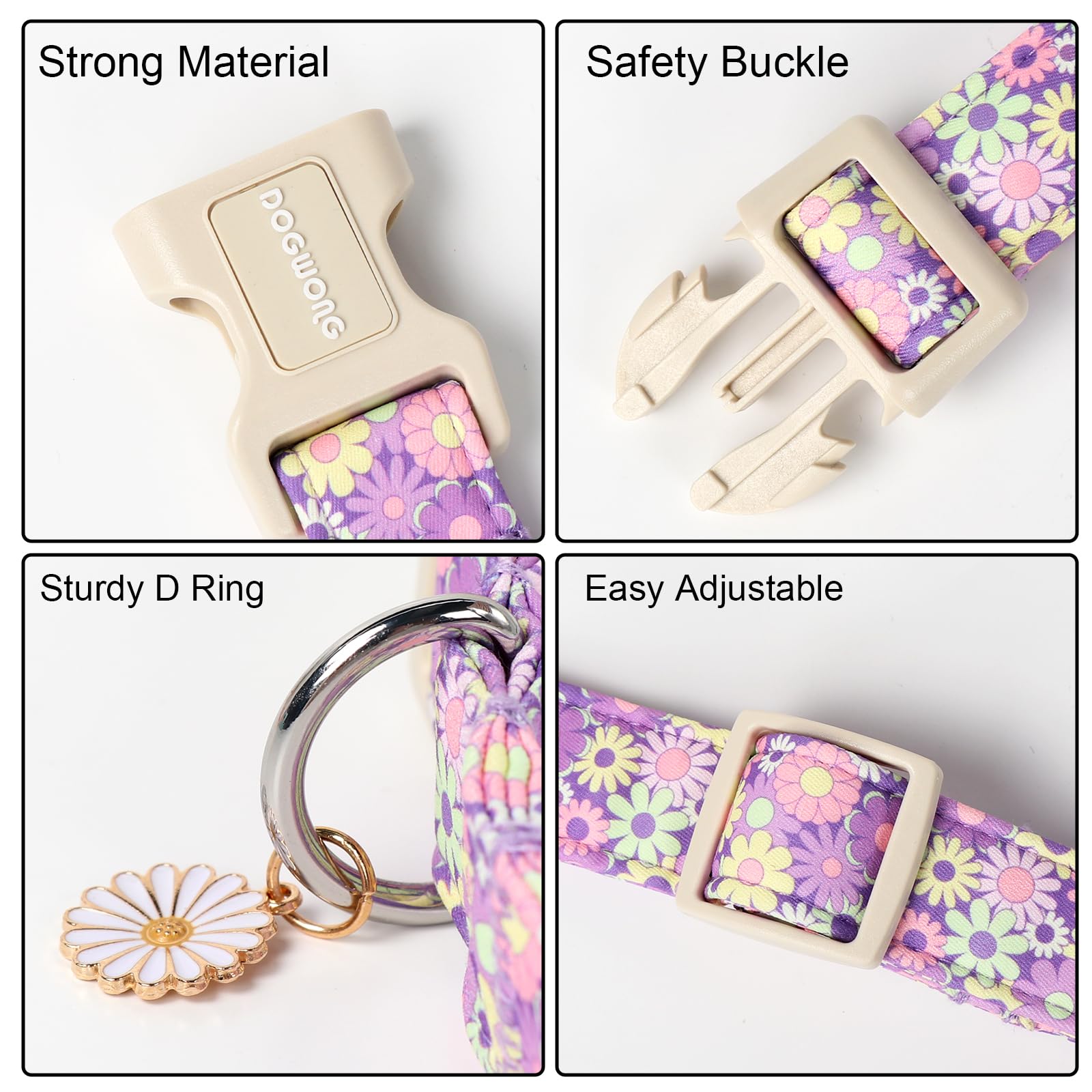 DOGWONG Flower Dog Collar - Durable Cotton Daisy Design, X-Small, for Small Medium Large Dogs